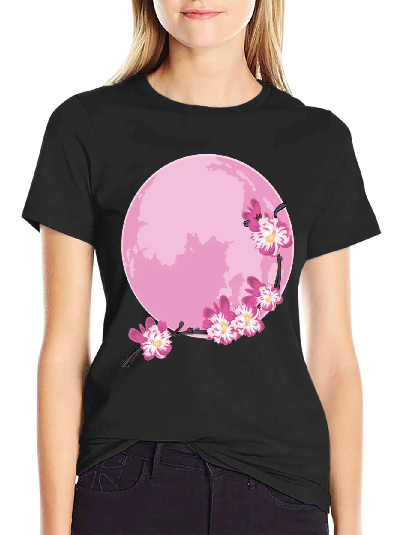 Pink Moon Sakura Flowers Japanese Cherry Blossom Unisex Short Sleeve Soft Cotton T-Shirt – Casual Everyday Wear