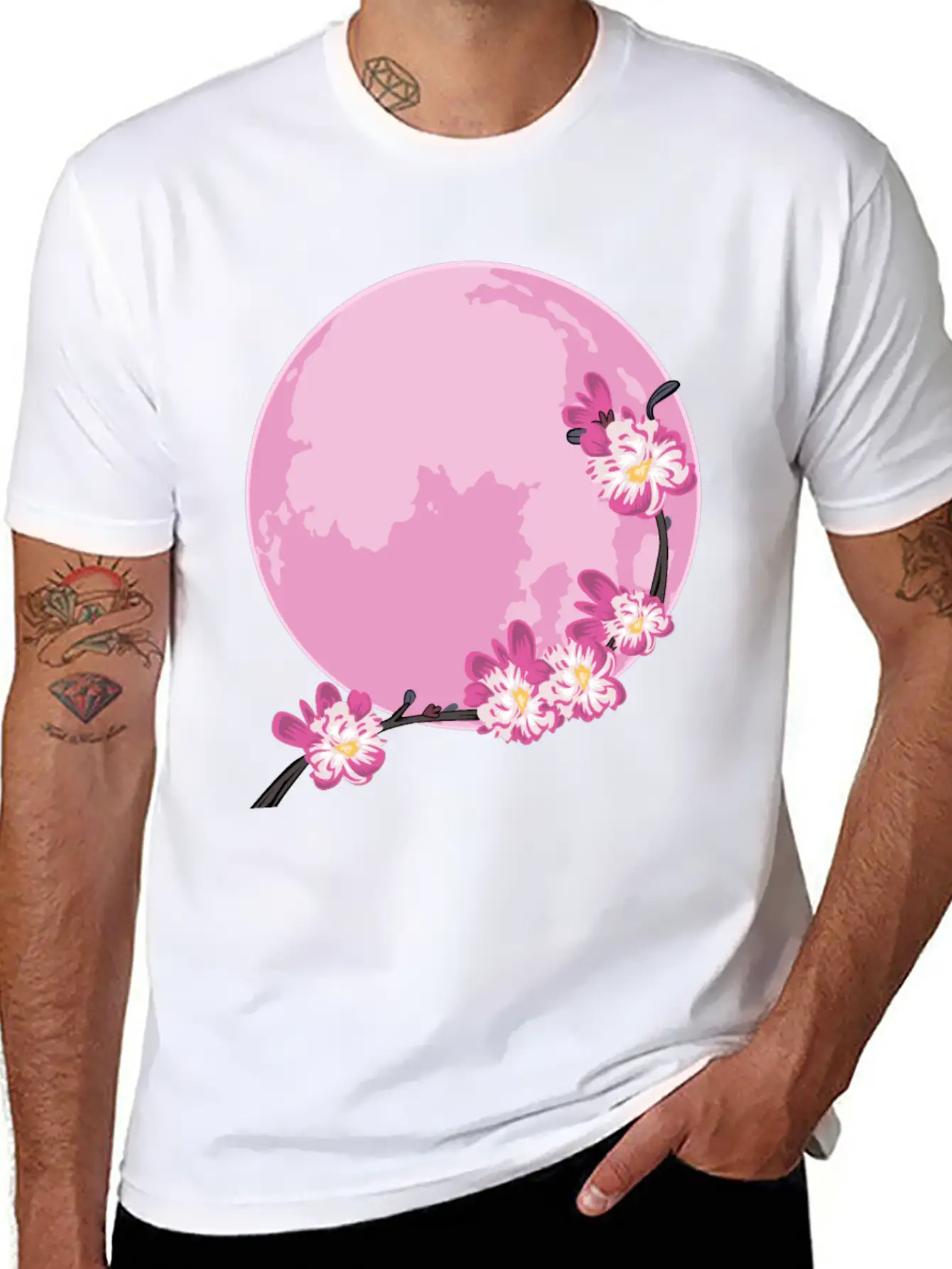 Pink Moon Sakura Flowers Japanese Cherry Blossom Unisex Short Sleeve Soft Cotton T-Shirt – Casual Everyday Wear