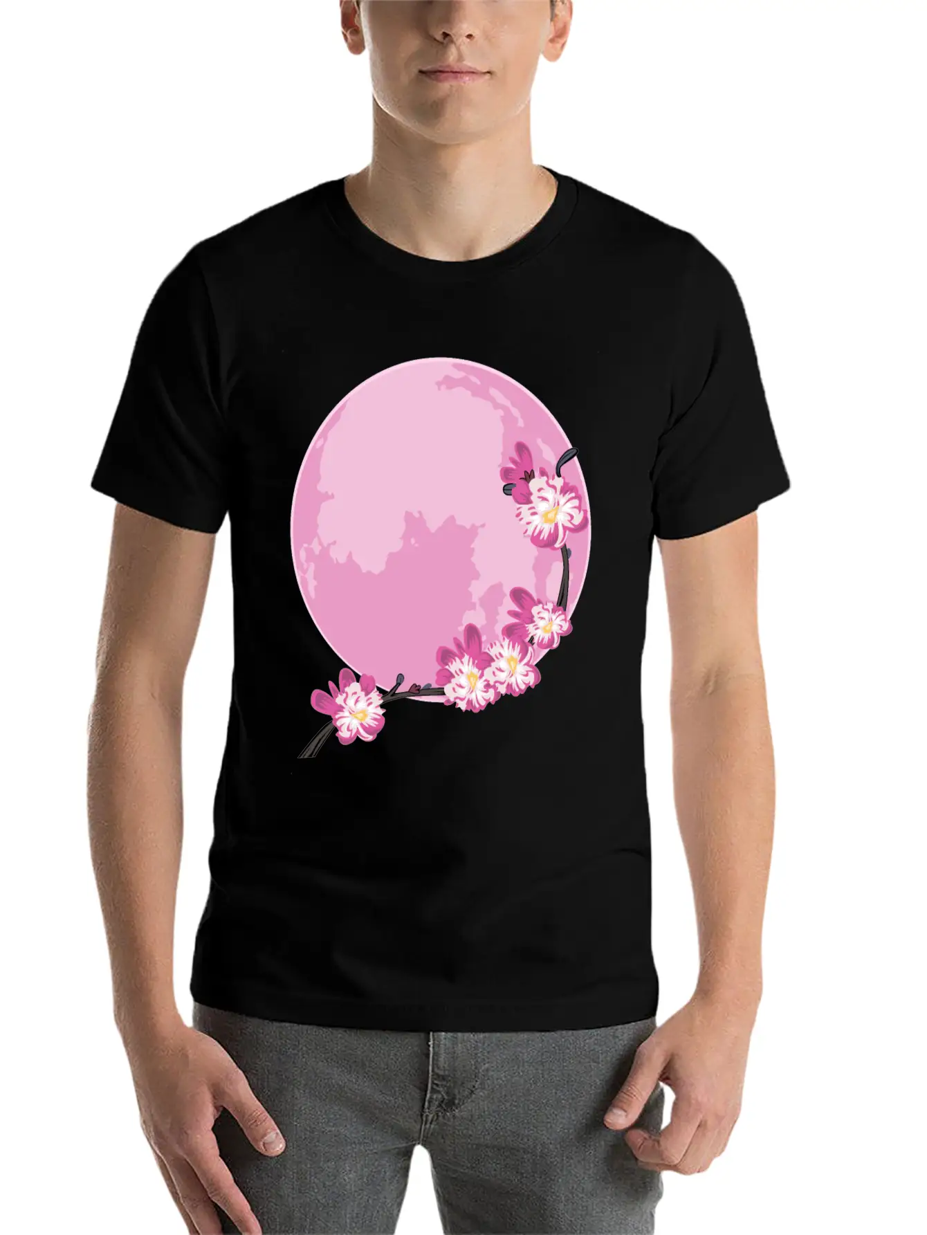 Pink Moon Sakura Flowers Japanese Cherry Blossom Unisex Short Sleeve Soft Cotton T-Shirt – Casual Everyday Wear