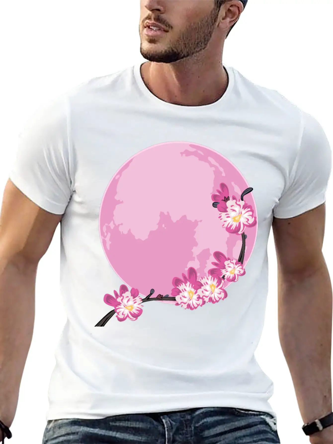 Pink Moon Sakura Flowers Japanese Cherry Blossom Unisex Short Sleeve Soft Cotton T-Shirt – Casual Everyday Wear