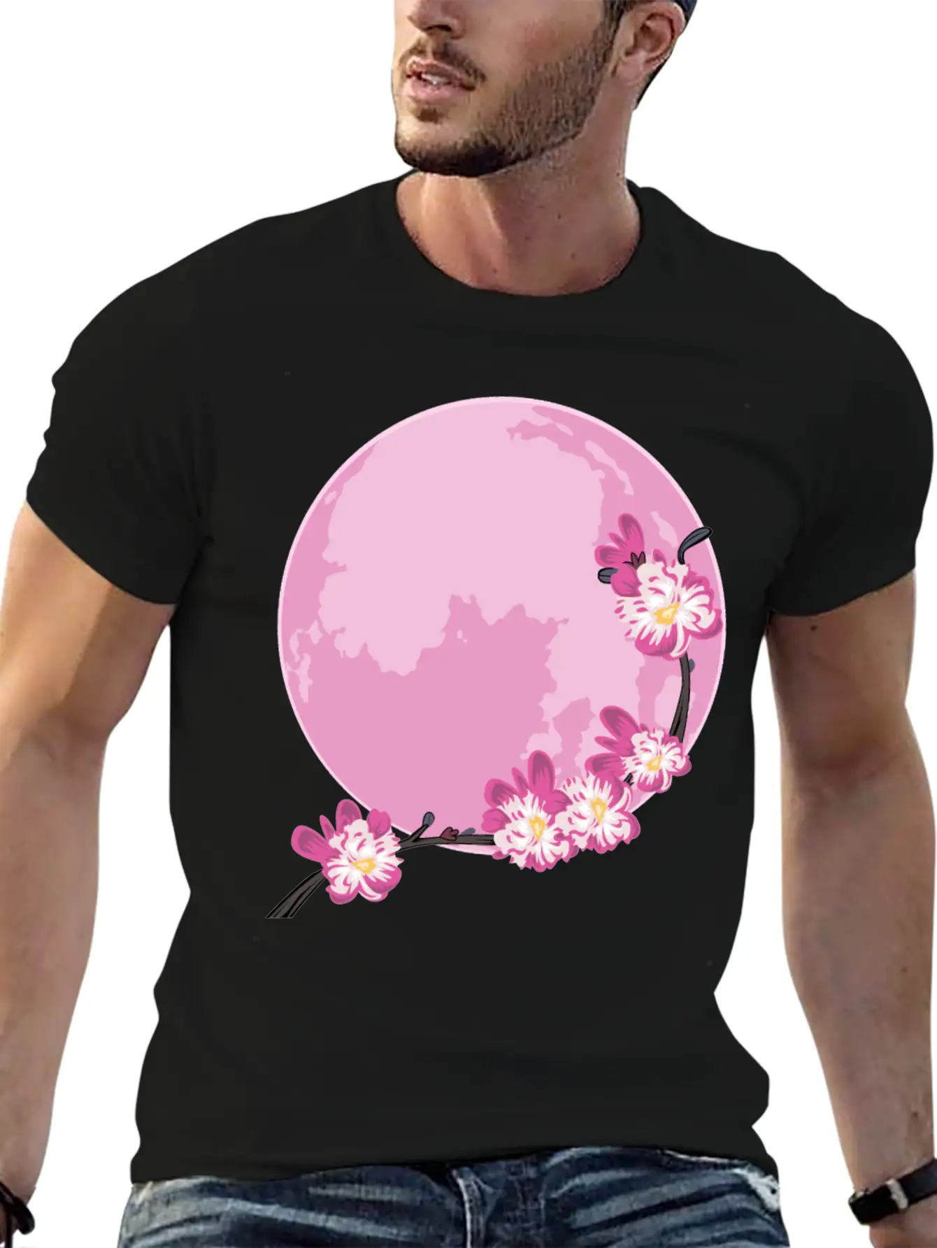 Pink Moon Sakura Flowers Japanese Cherry Blossom Unisex Short Sleeve Soft Cotton T-Shirt – Casual Everyday Wear