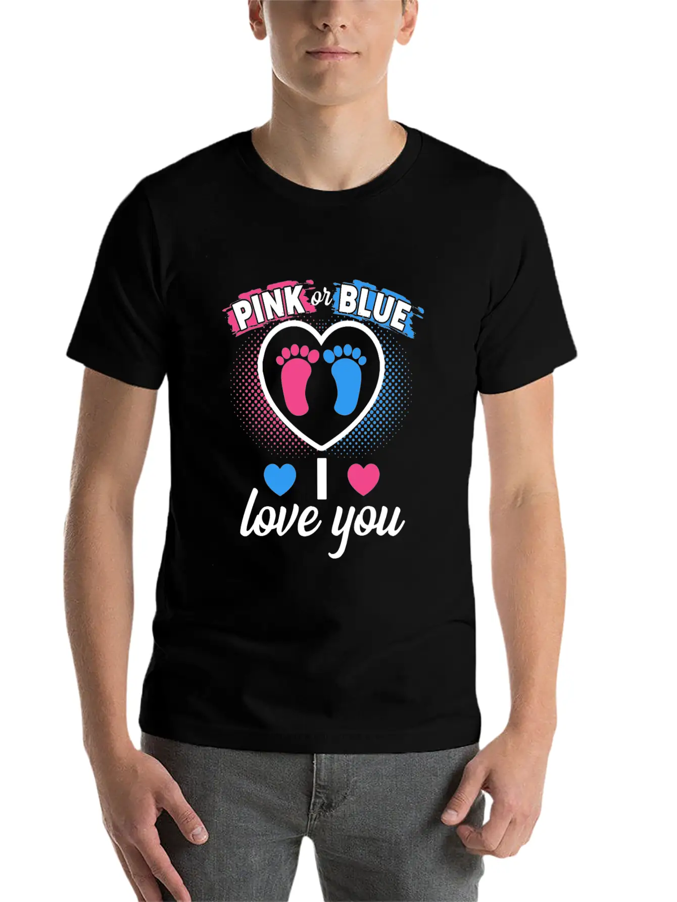 Pink Or Blue I Love You Gender Reveal Baby Shower Stylish Everyday T-Shirt – Unisex Basic Cotton Tee