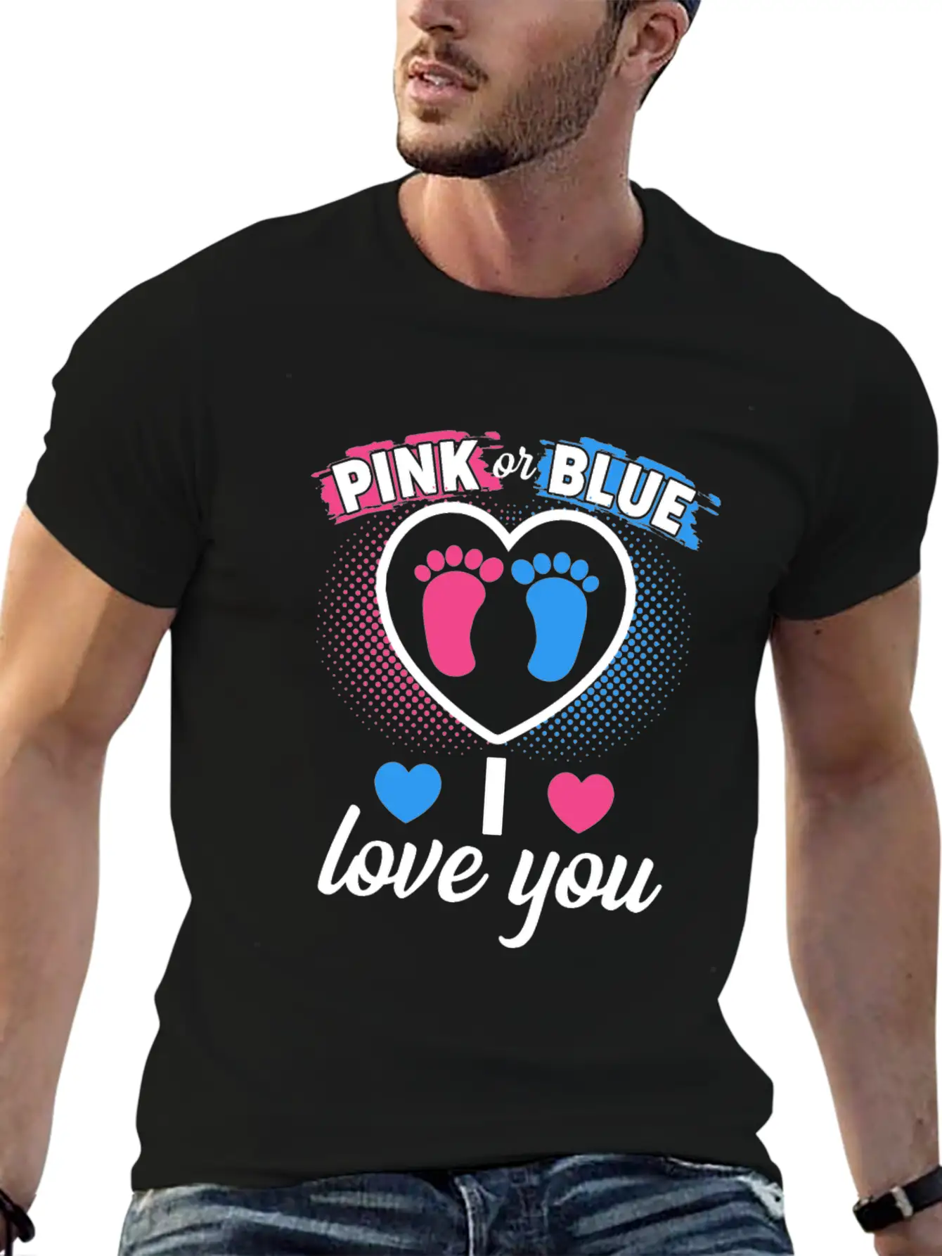 Pink Or Blue I Love You Gender Reveal Baby Shower Stylish Everyday T-Shirt – Unisex Basic Cotton Tee