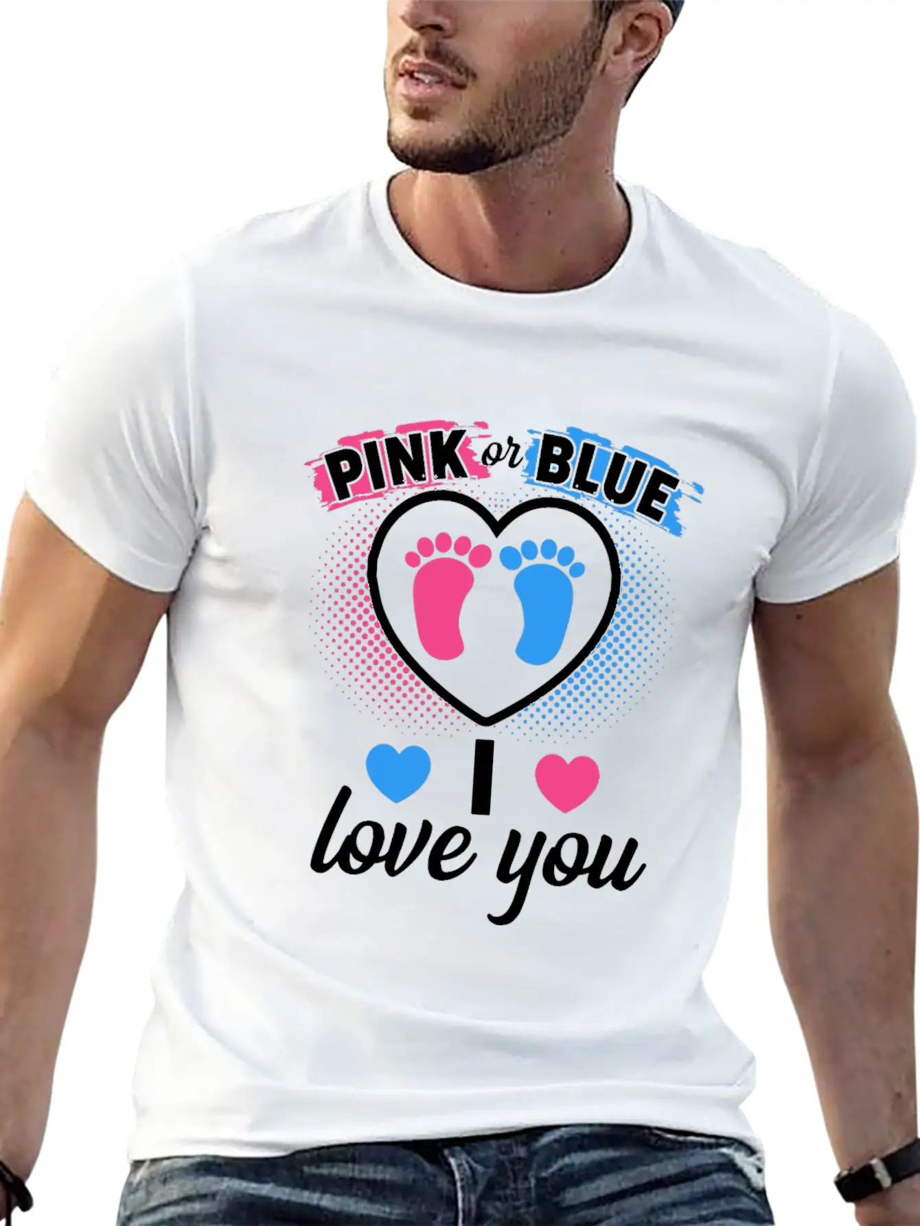 Pink Or Blue I Love You Gender Reveal Baby Shower Stylish Everyday T-Shirt – Unisex Basic Cotton Tee