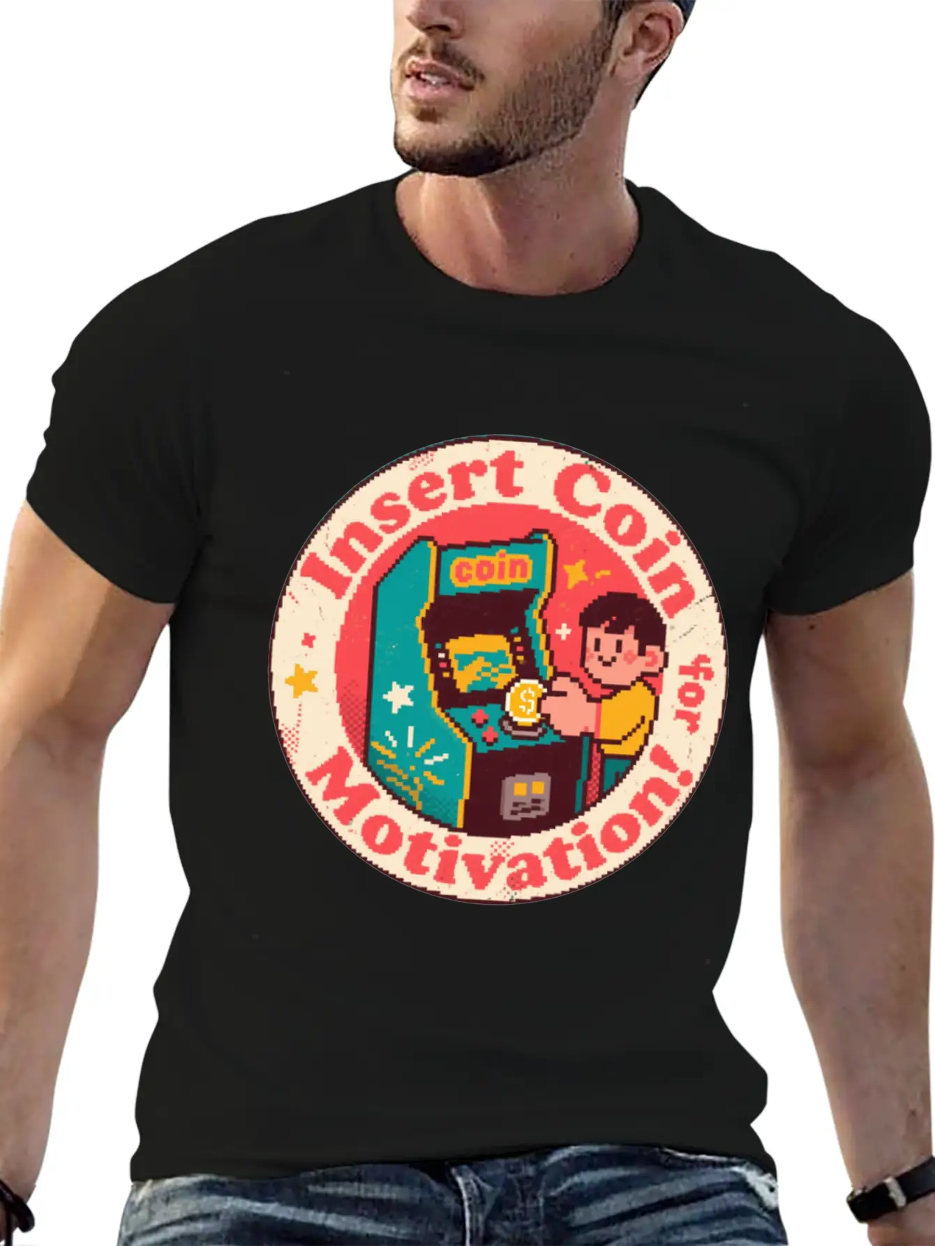 Pixel Art Arcade Coin Badge Gaming Inspiration Stylish Everyday T-Shirt – Unisex Basic Cotton Tee
