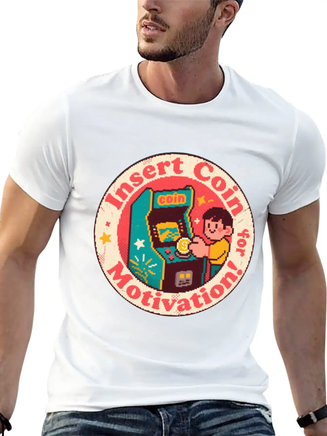 Pixel Art Arcade Coin Badge Gaming Inspiration Stylish Everyday T-Shirt – Unisex Basic Cotton Tee