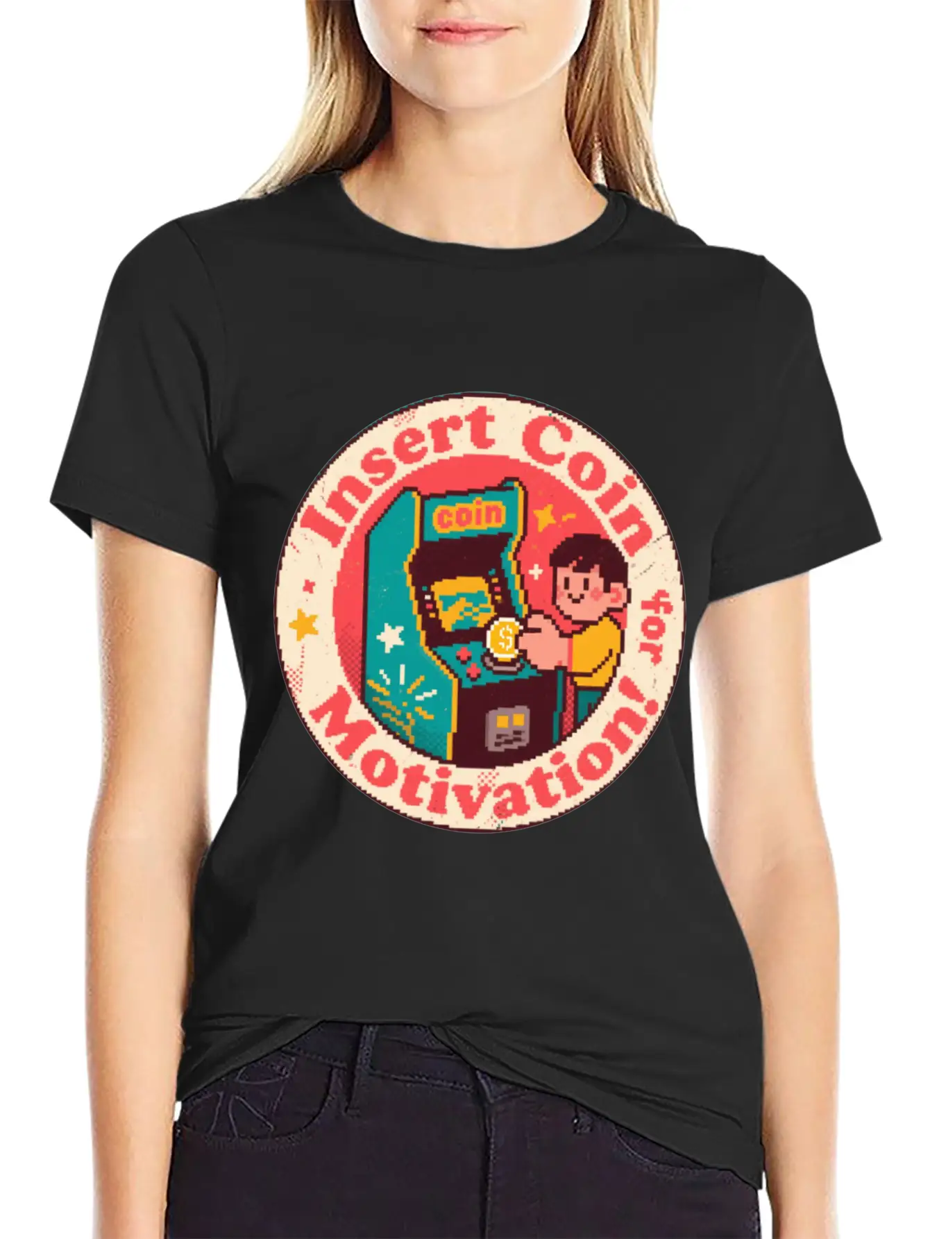 Pixel Art Arcade Coin Badge Gaming Inspiration Stylish Everyday T-Shirt – Unisex Basic Cotton Tee