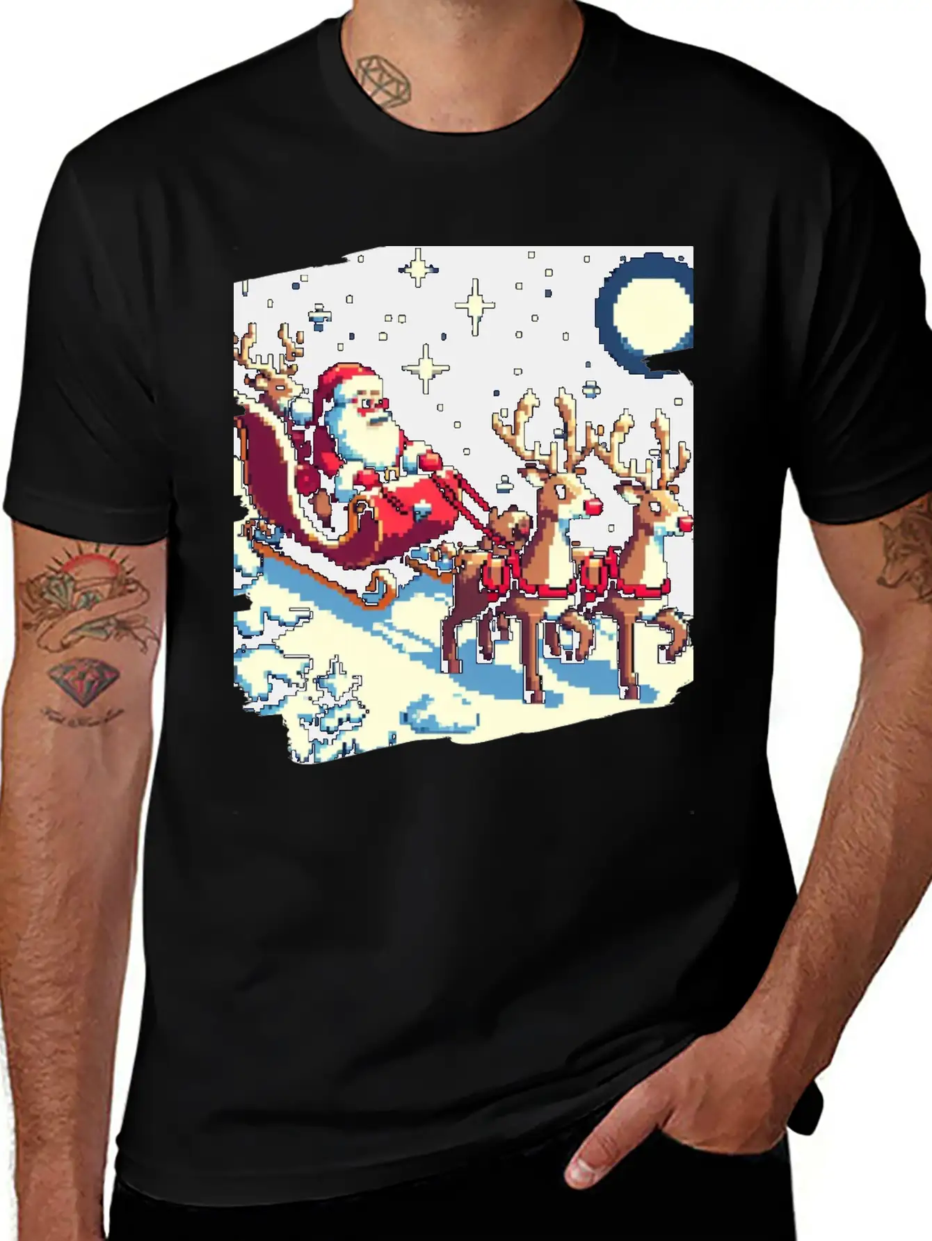 Pixel Art Scene Of Santa S Sleigh And Reindeer Timeless Short Sleeve Tee – Comfy And Minimalist Design