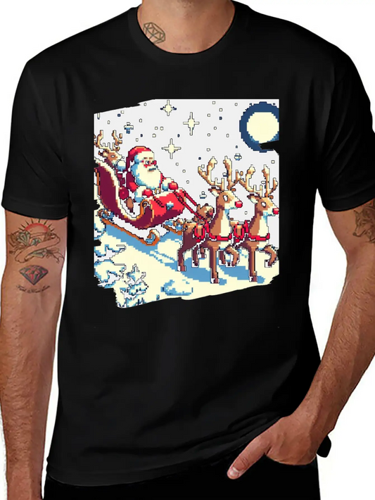 Pixel Art Scene Of Santa S Sleigh And Reindeer Timeless Short Sleeve Tee – Comfy And Minimalist Design