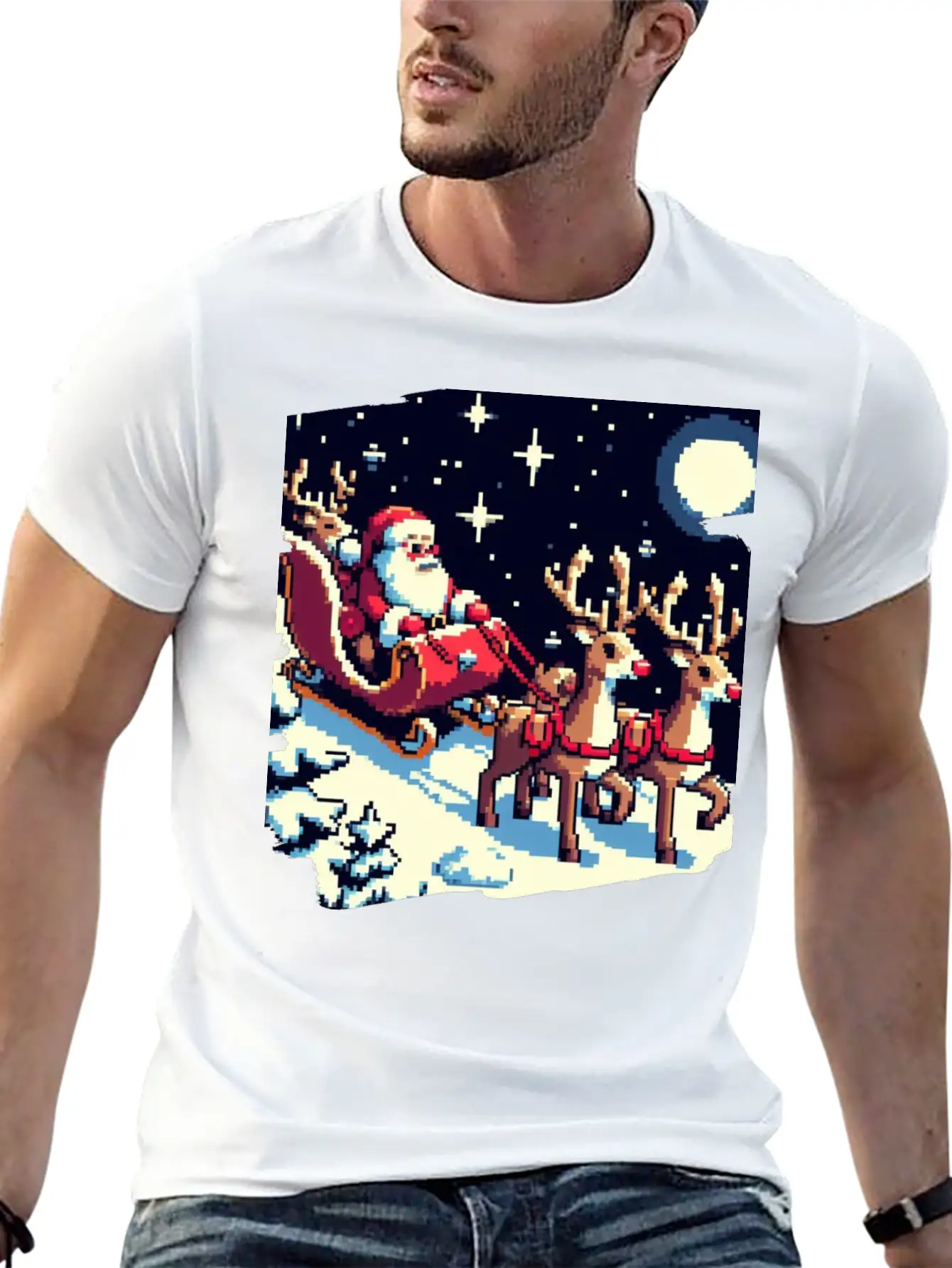 Pixel Art Scene Of Santa S Sleigh And Reindeer Timeless Short Sleeve Tee – Comfy And Minimalist Design
