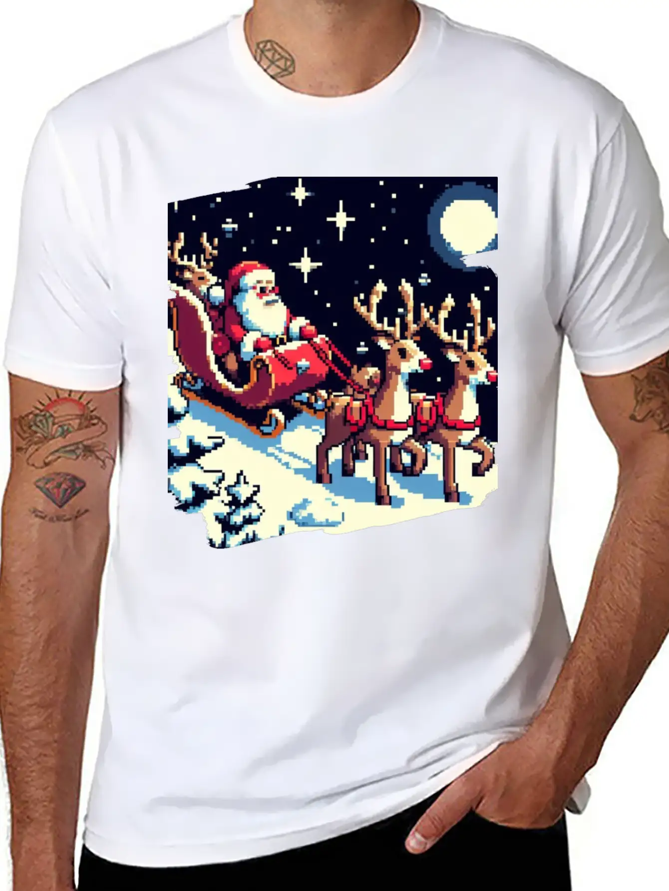 Pixel Art Scene Of Santa S Sleigh And Reindeer Timeless Short Sleeve Tee – Comfy And Minimalist Design