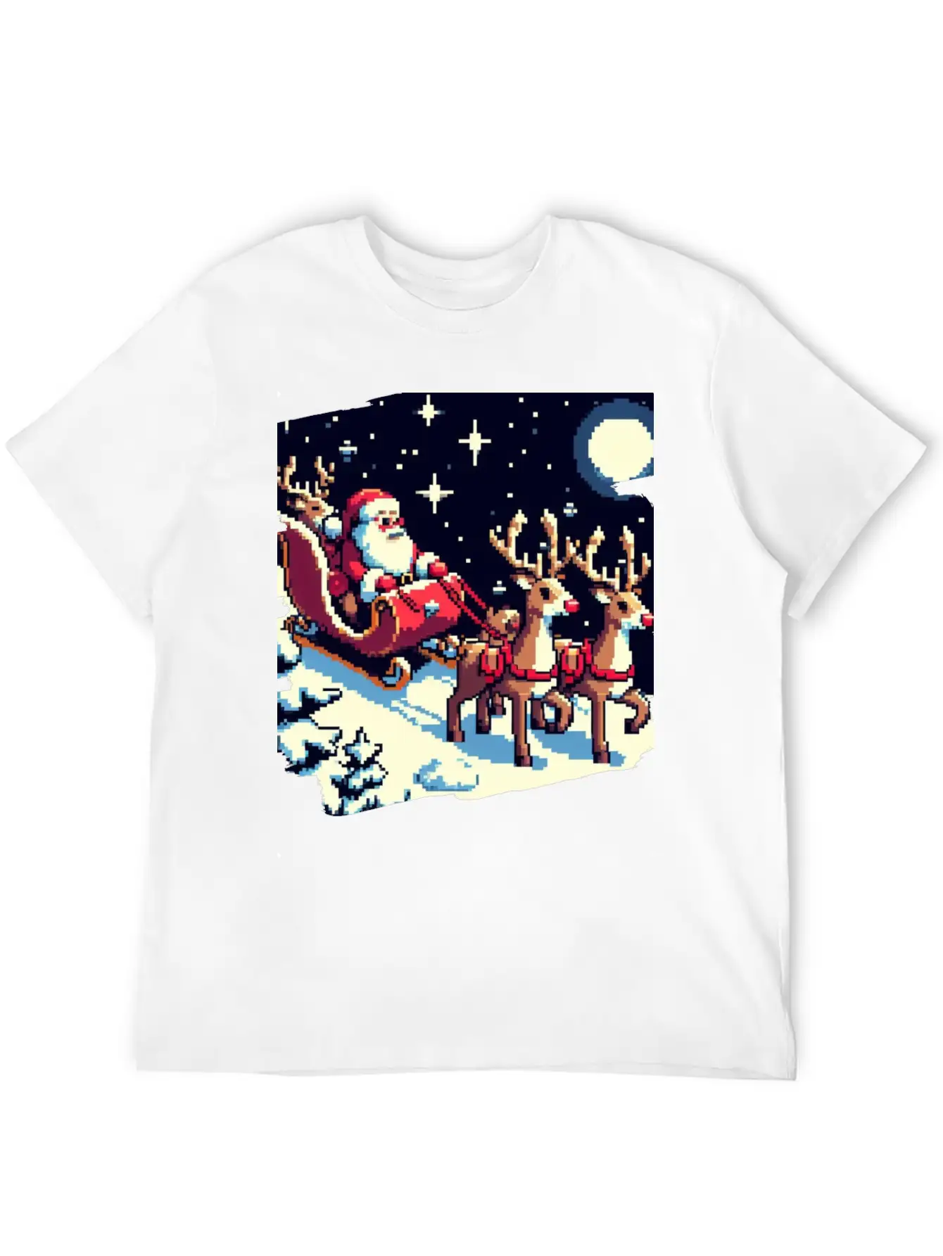 Pixel Art Scene Of Santa S Sleigh And Reindeer Timeless Short Sleeve Tee – Comfy And Minimalist Design