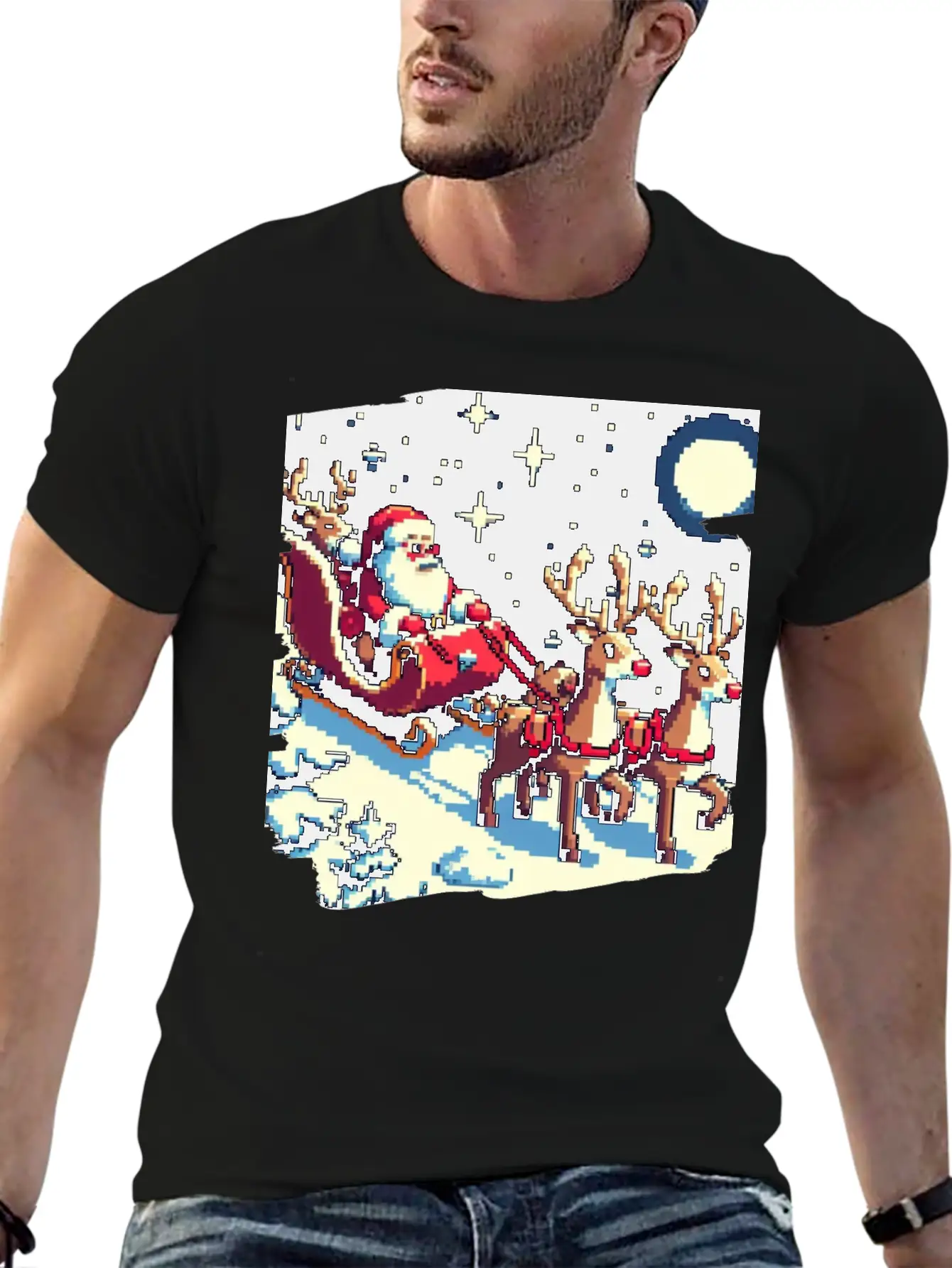 Pixel Art Scene Of Santa S Sleigh And Reindeer Timeless Short Sleeve Tee – Comfy And Minimalist Design