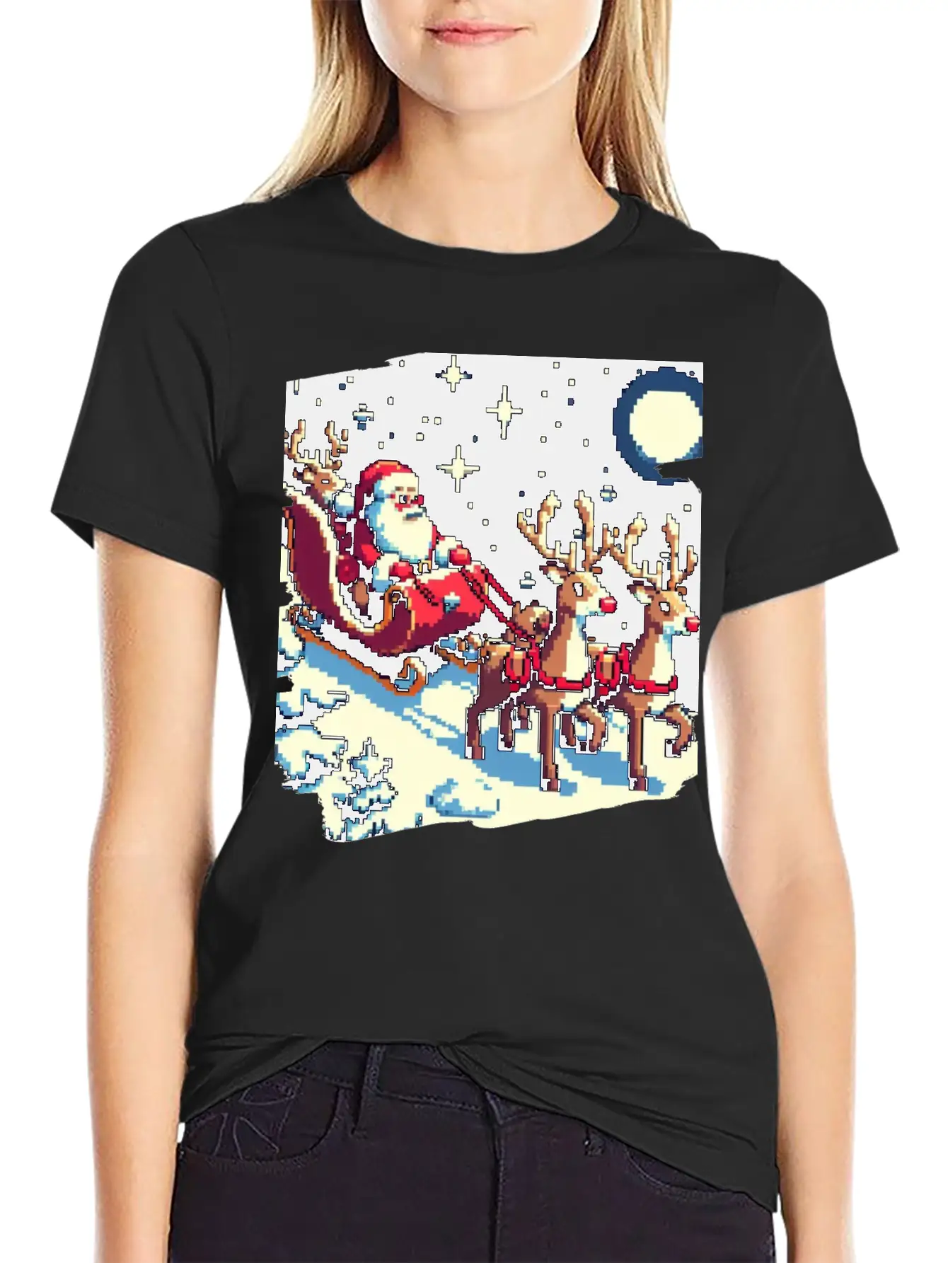 Pixel Art Scene Of Santa S Sleigh And Reindeer Timeless Short Sleeve Tee – Comfy And Minimalist Design