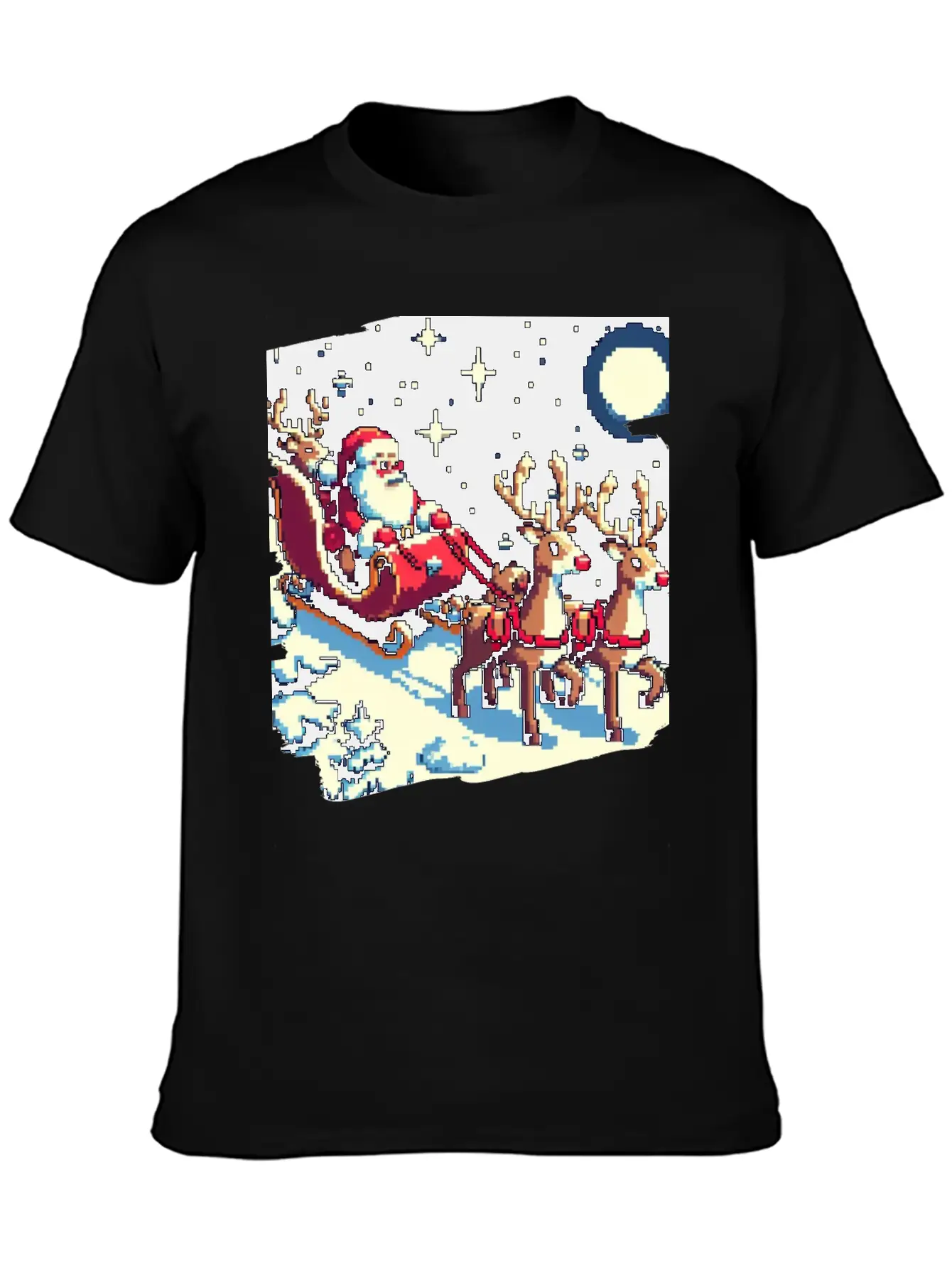 Pixel Art Scene Of Santa S Sleigh And Reindeer Timeless Short Sleeve Tee – Comfy And Minimalist Design