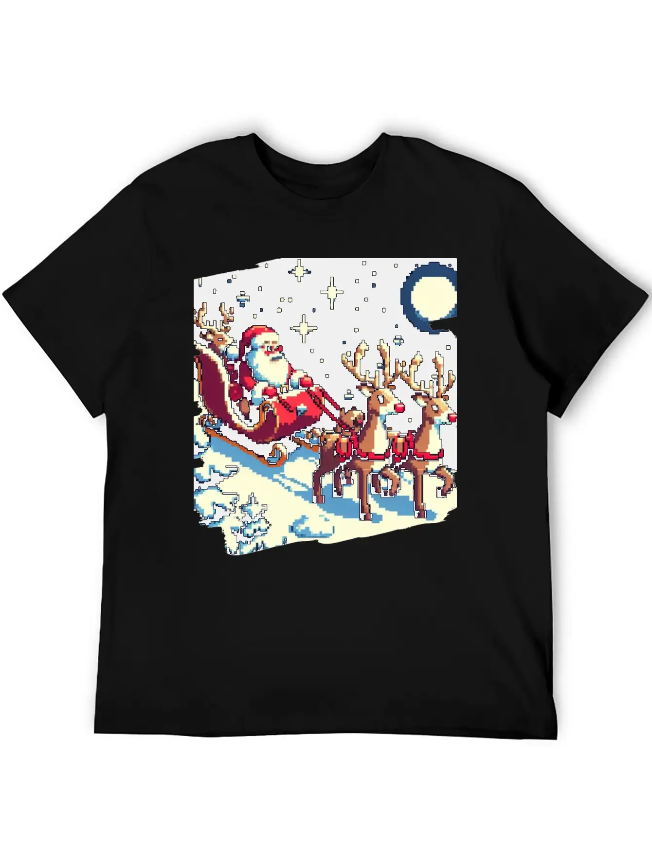 Pixel Art Scene Of Santa S Sleigh And Reindeer Timeless Short Sleeve Tee – Comfy And Minimalist Design