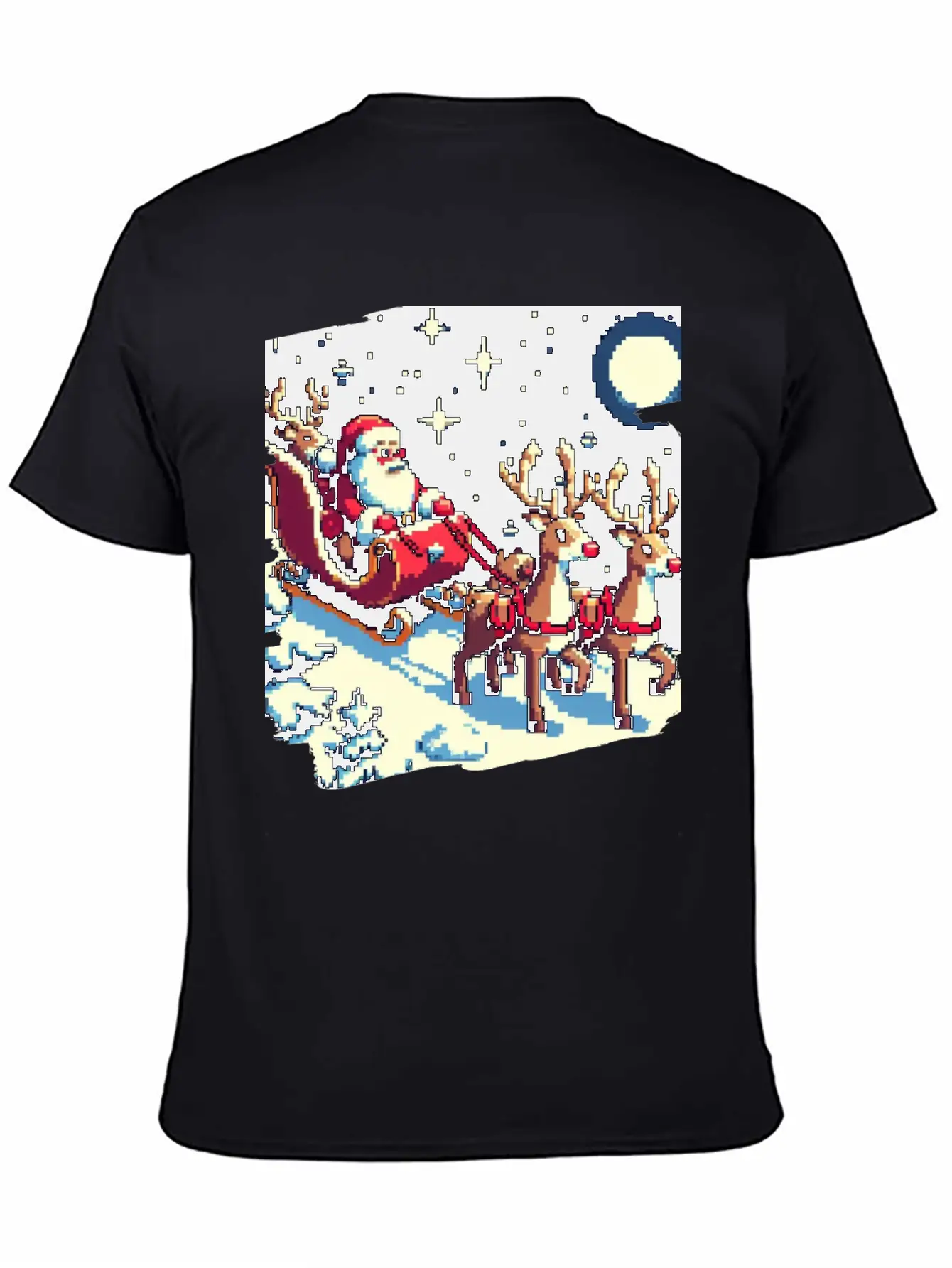 Pixel Art Scene Of Santa S Sleigh And Reindeer Timeless Short Sleeve Tee – Comfy And Minimalist Design
