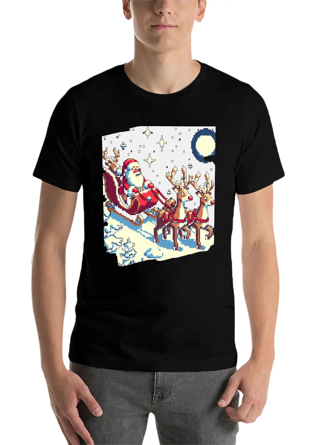 Pixel Art Scene Of Santa S Sleigh And Reindeer Timeless Short Sleeve Tee – Comfy And Minimalist Design