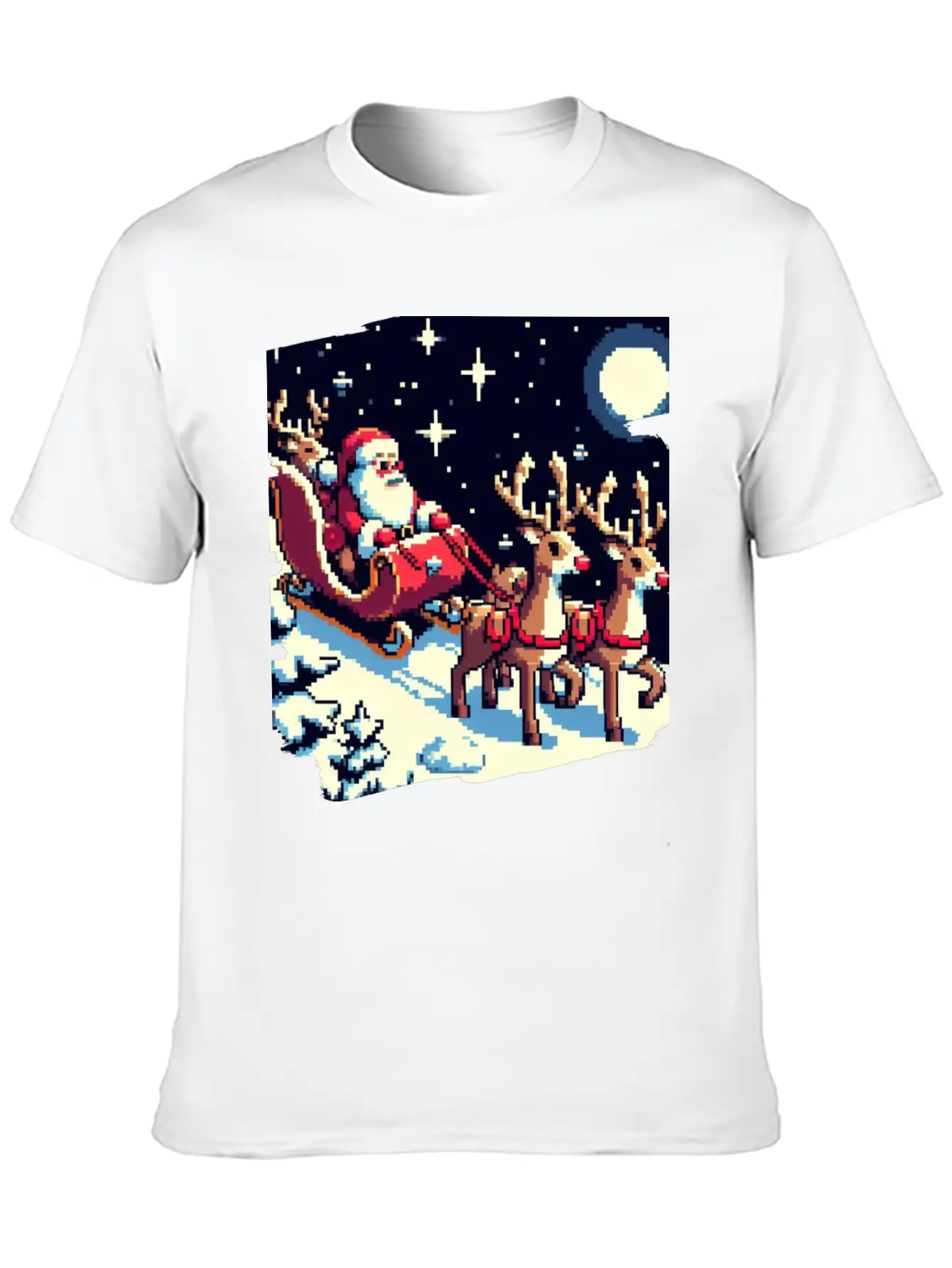 Pixel Art Scene Of Santa S Sleigh And Reindeer Timeless Short Sleeve Tee – Comfy And Minimalist Design