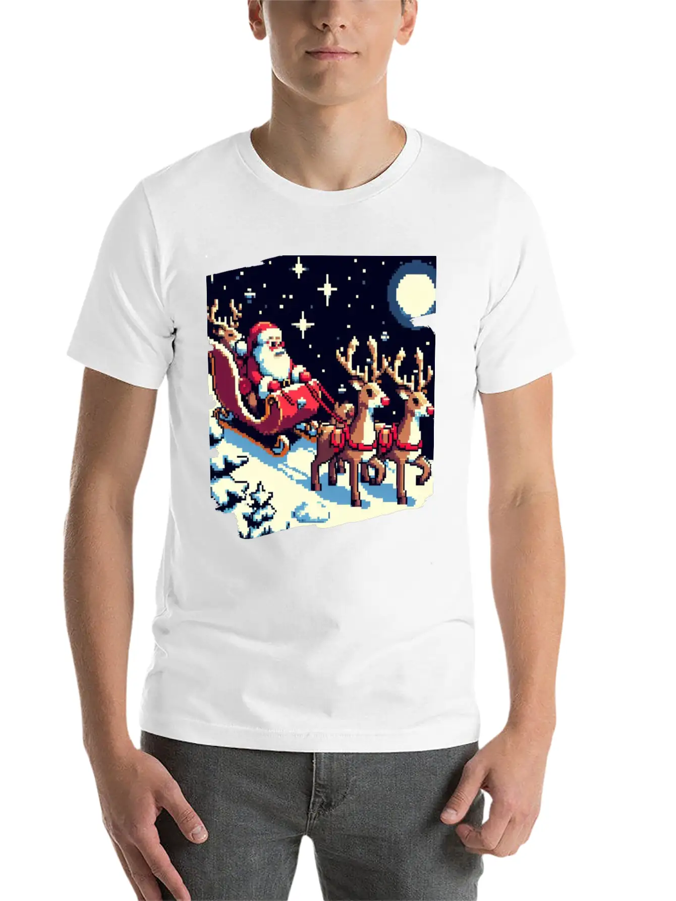 Pixel Art Scene Of Santa S Sleigh And Reindeer Timeless Short Sleeve Tee – Comfy And Minimalist Design