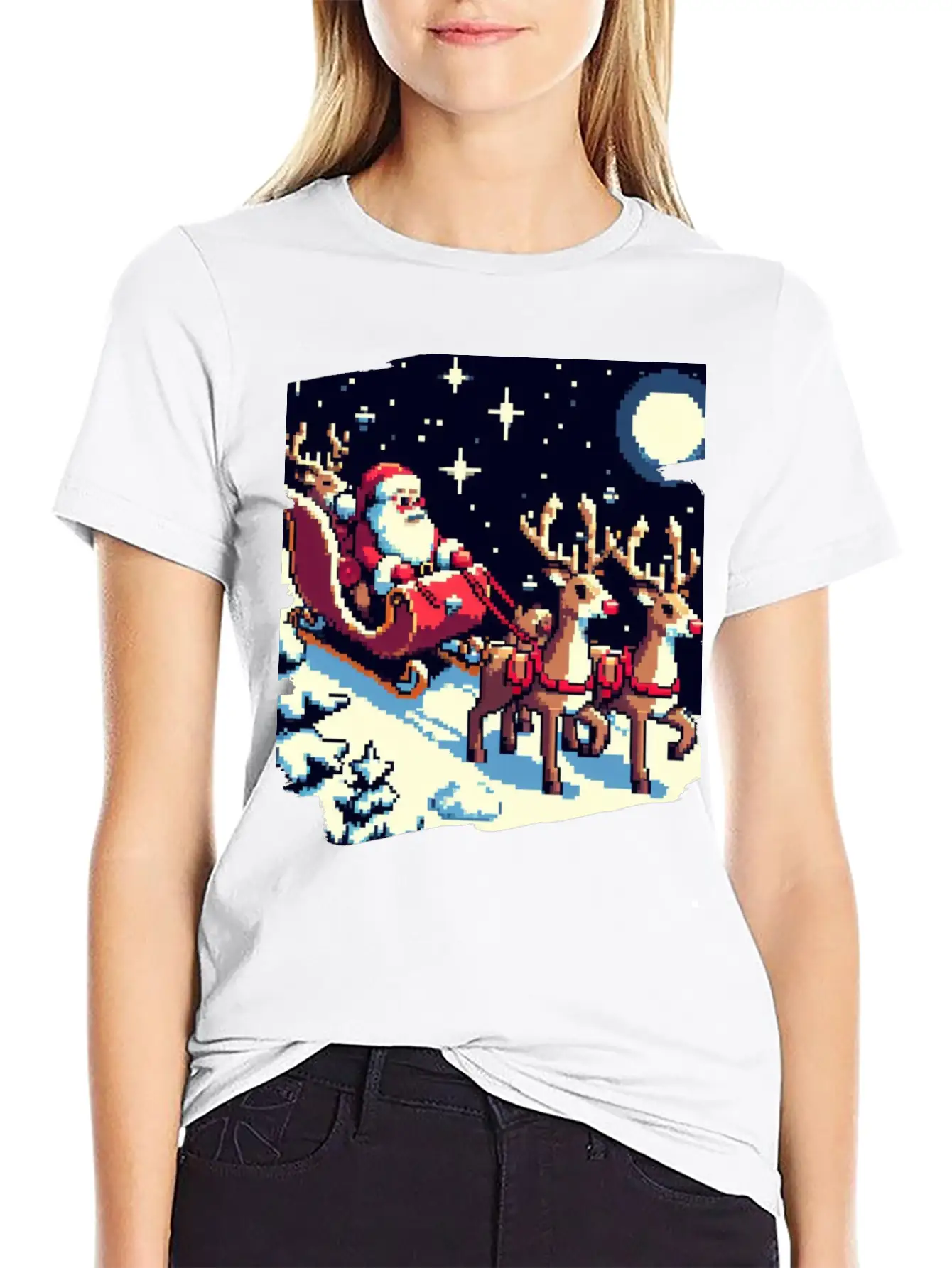 Pixel Art Scene Of Santa S Sleigh And Reindeer Timeless Short Sleeve Tee – Comfy And Minimalist Design