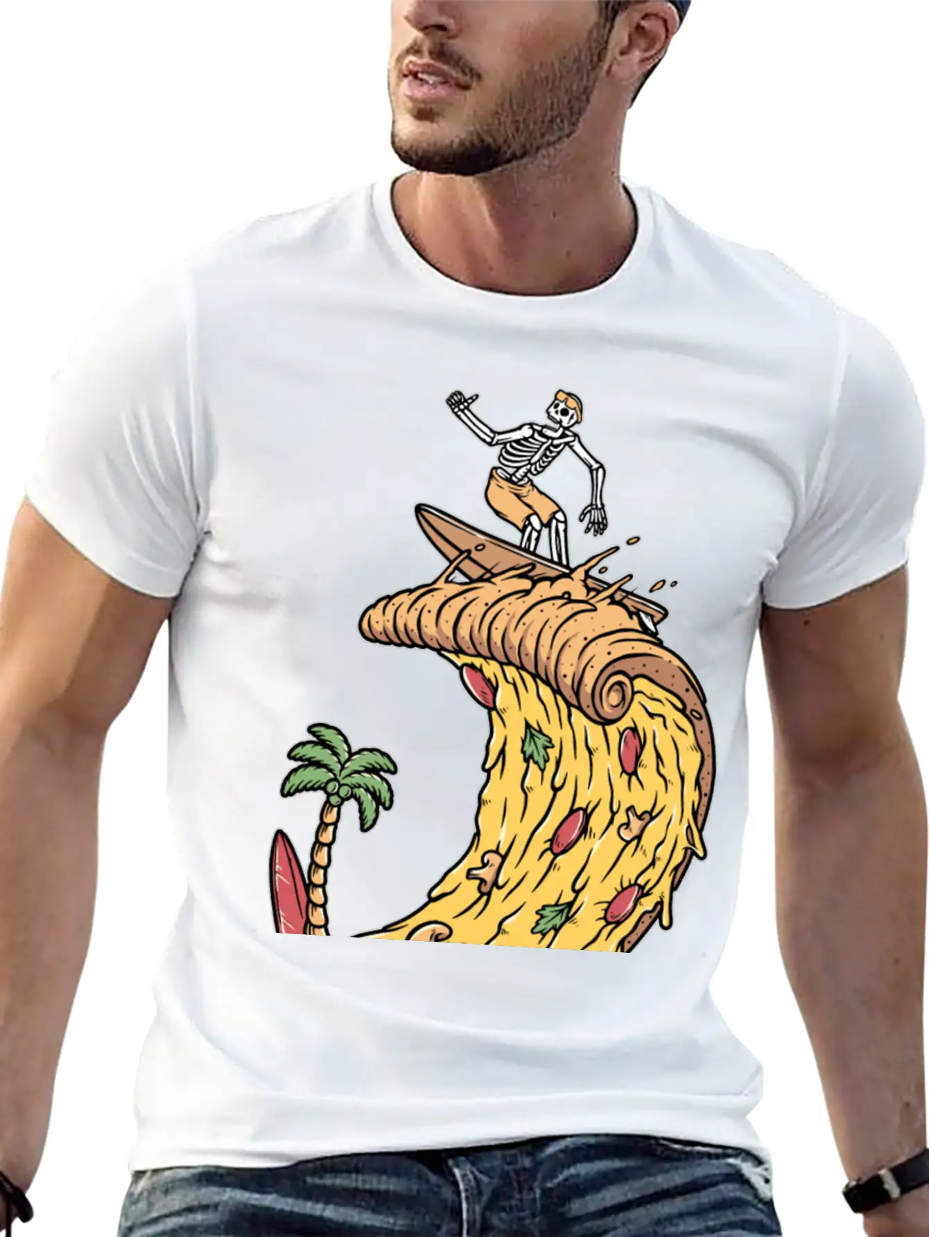 Pizza Surfer Skeleton Cheese Surfing Surfing Relaxed Everyday Tee – Lightweight And Durable Cotton