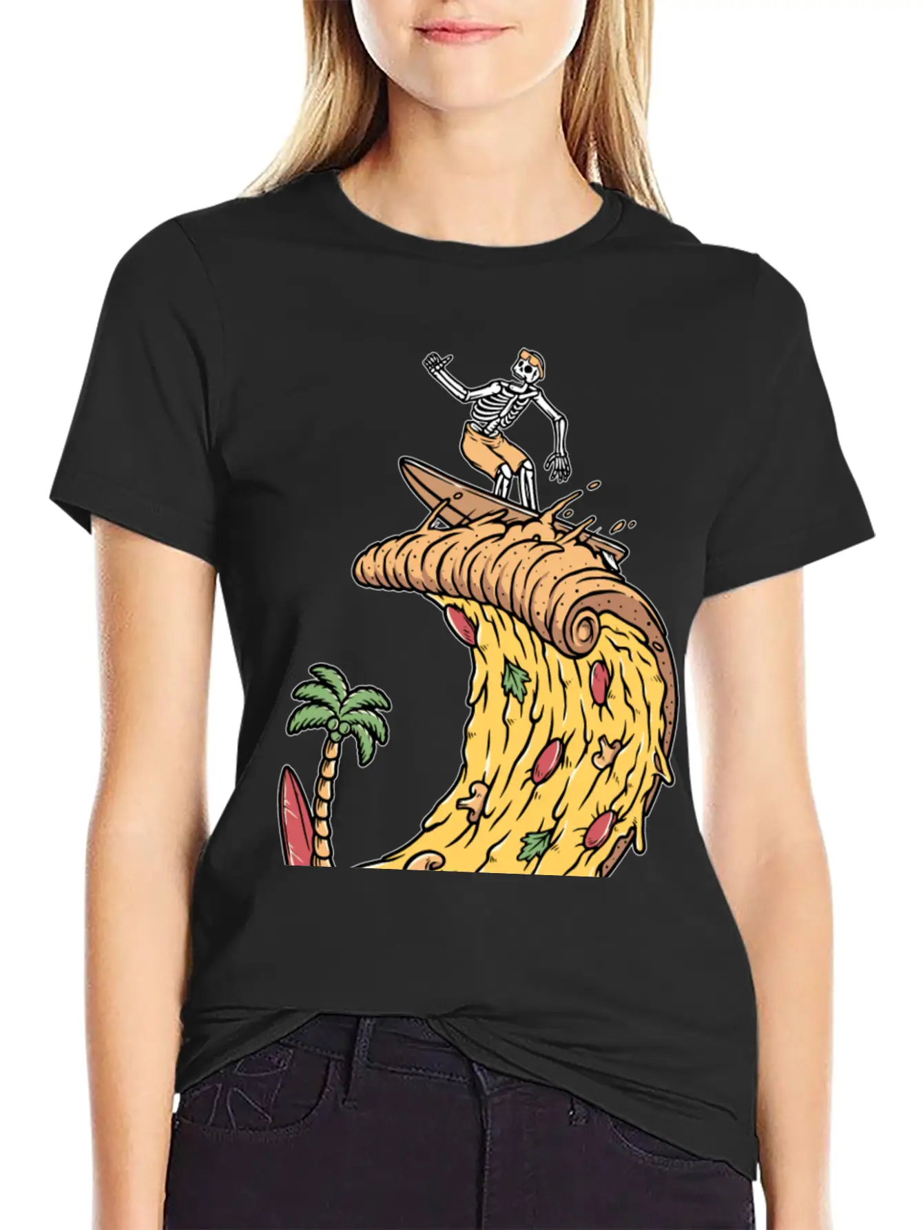 Pizza Surfer Skeleton Cheese Surfing Surfing Relaxed Everyday Tee – Lightweight And Durable Cotton