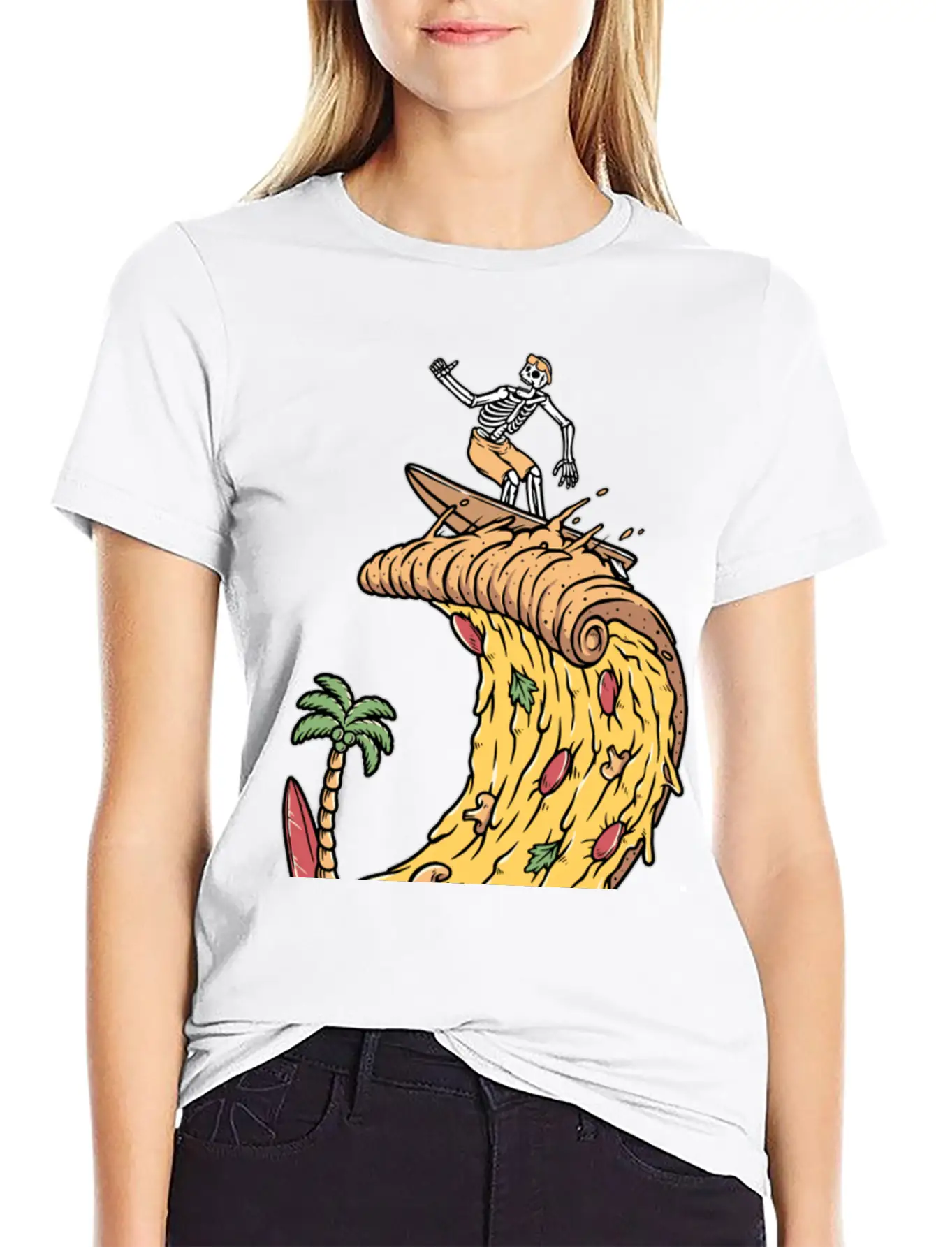 Pizza Surfer Skeleton Cheese Surfing Surfing Relaxed Everyday Tee – Lightweight And Durable Cotton