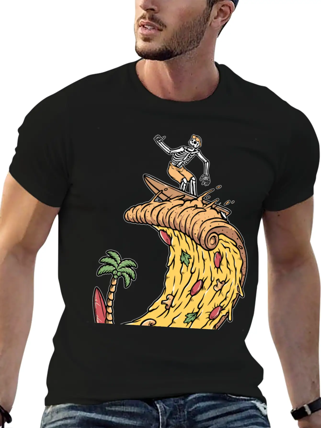 Pizza Surfer Skeleton Cheese Surfing Surfing Relaxed Everyday Tee – Lightweight And Durable Cotton