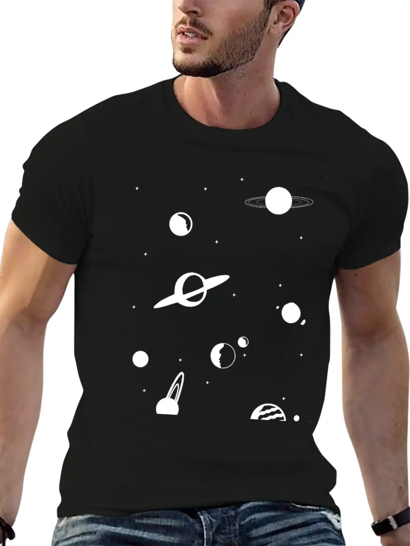 Planets In White Essential Unisex Summer Tee – Soft Cotton Casual Fit
