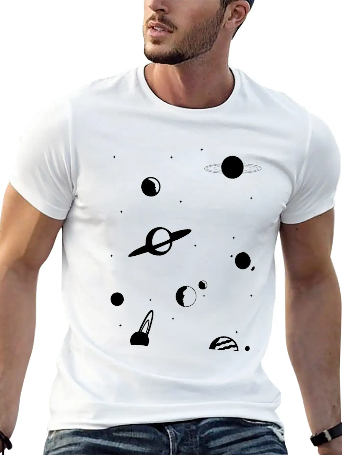 Planets In White Essential Unisex Summer Tee – Soft Cotton Casual Fit