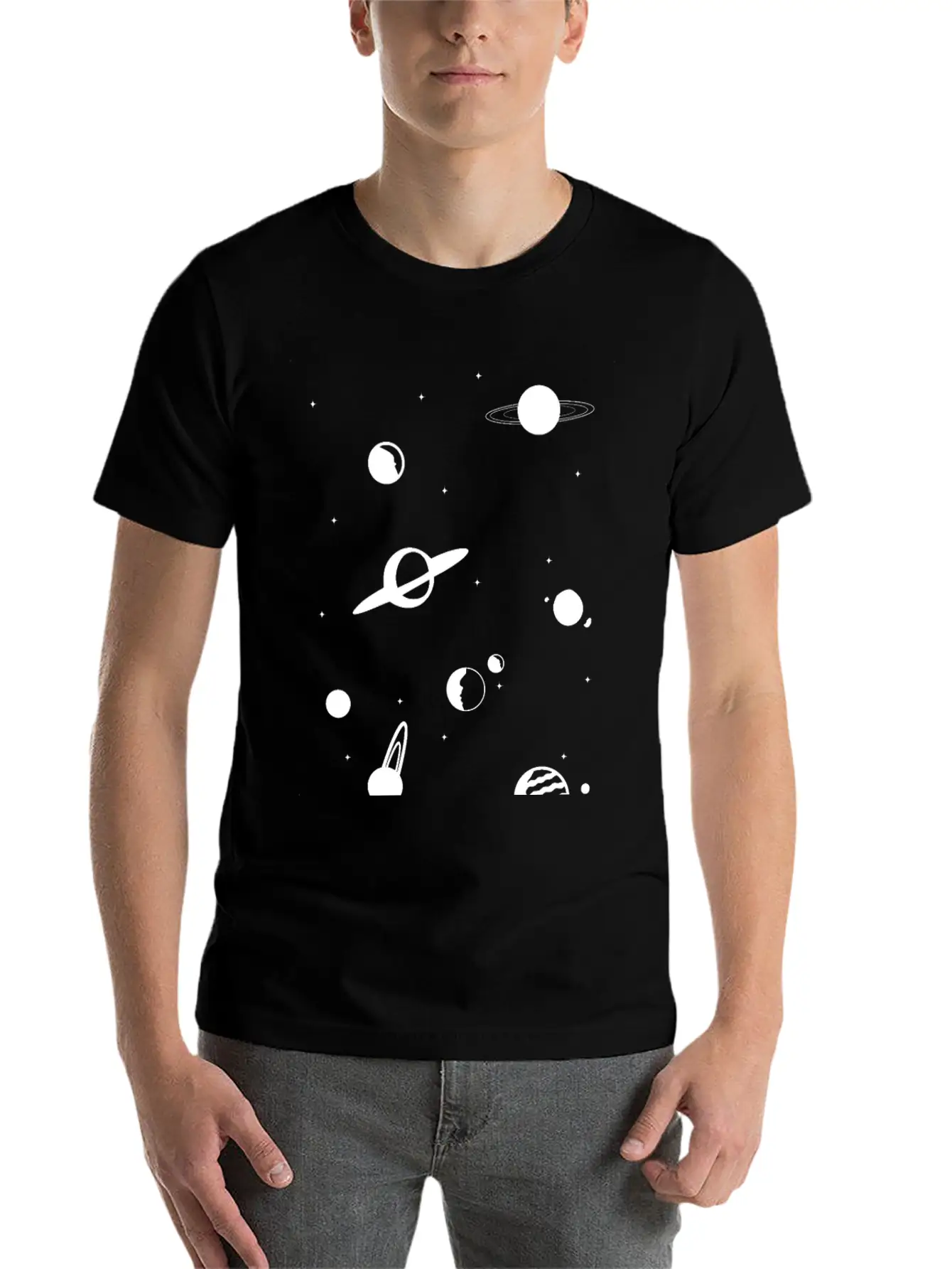 Planets In White Essential Unisex Summer Tee – Soft Cotton Casual Fit