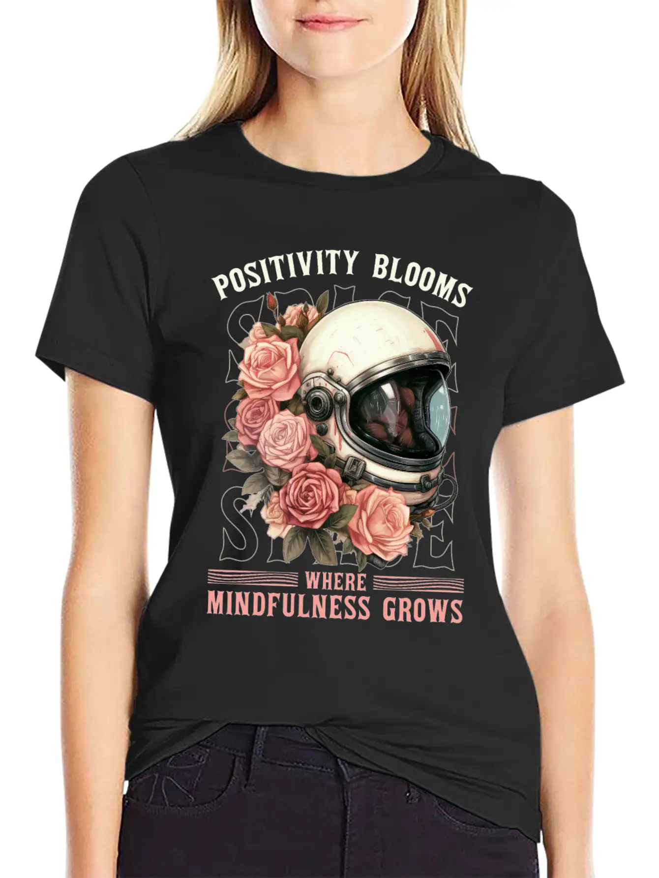 Positive Mindfulness Quote Floral Space Helmet Ast Basic Graphic T-Shirt – Daily Comfort In Soft Cotton