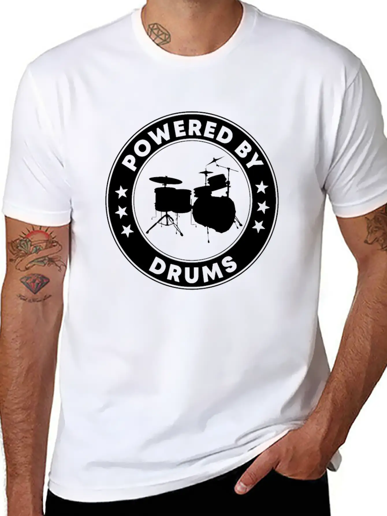 Powered By Drums Unisex Short Sleeve Soft Cotton T-Shirt – Casual Everyday Wear