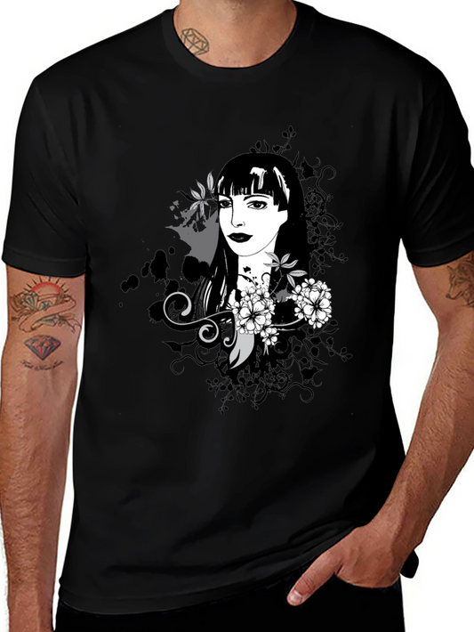 Stylish Black T-Shirt with Floral Portrait Design