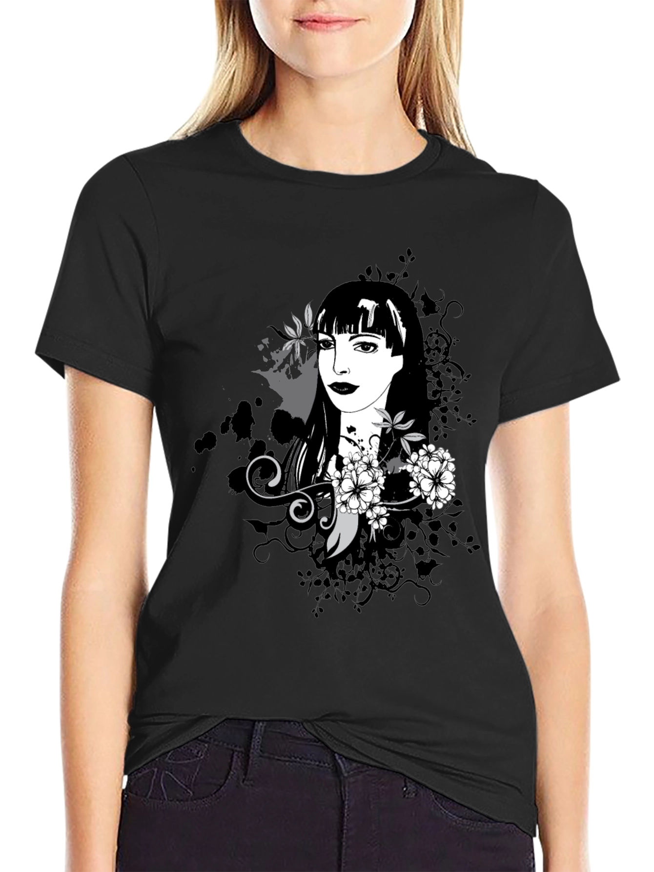Stylish Black T-Shirt with Floral Portrait Design
