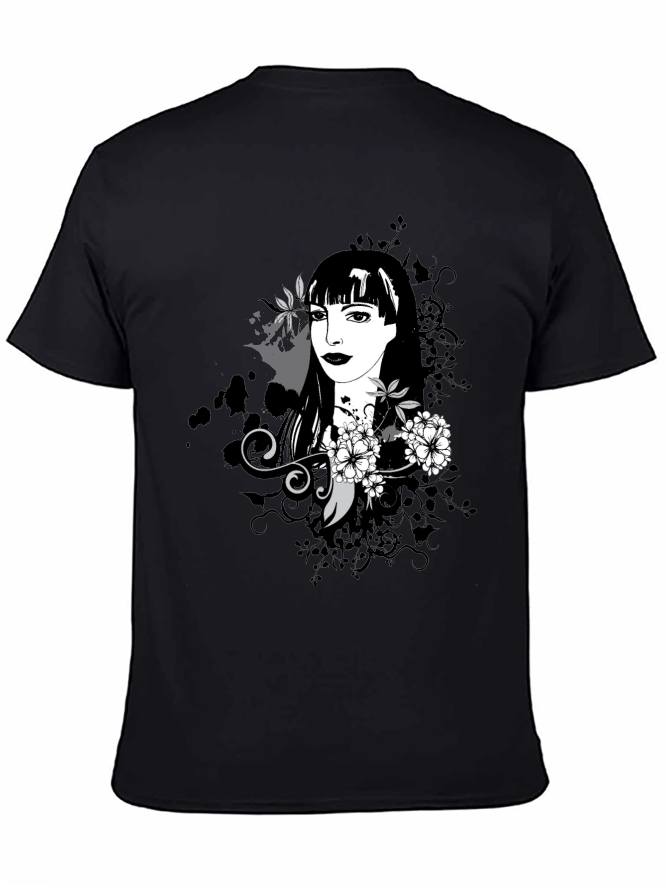 Stylish Black T-Shirt with Floral Portrait Design