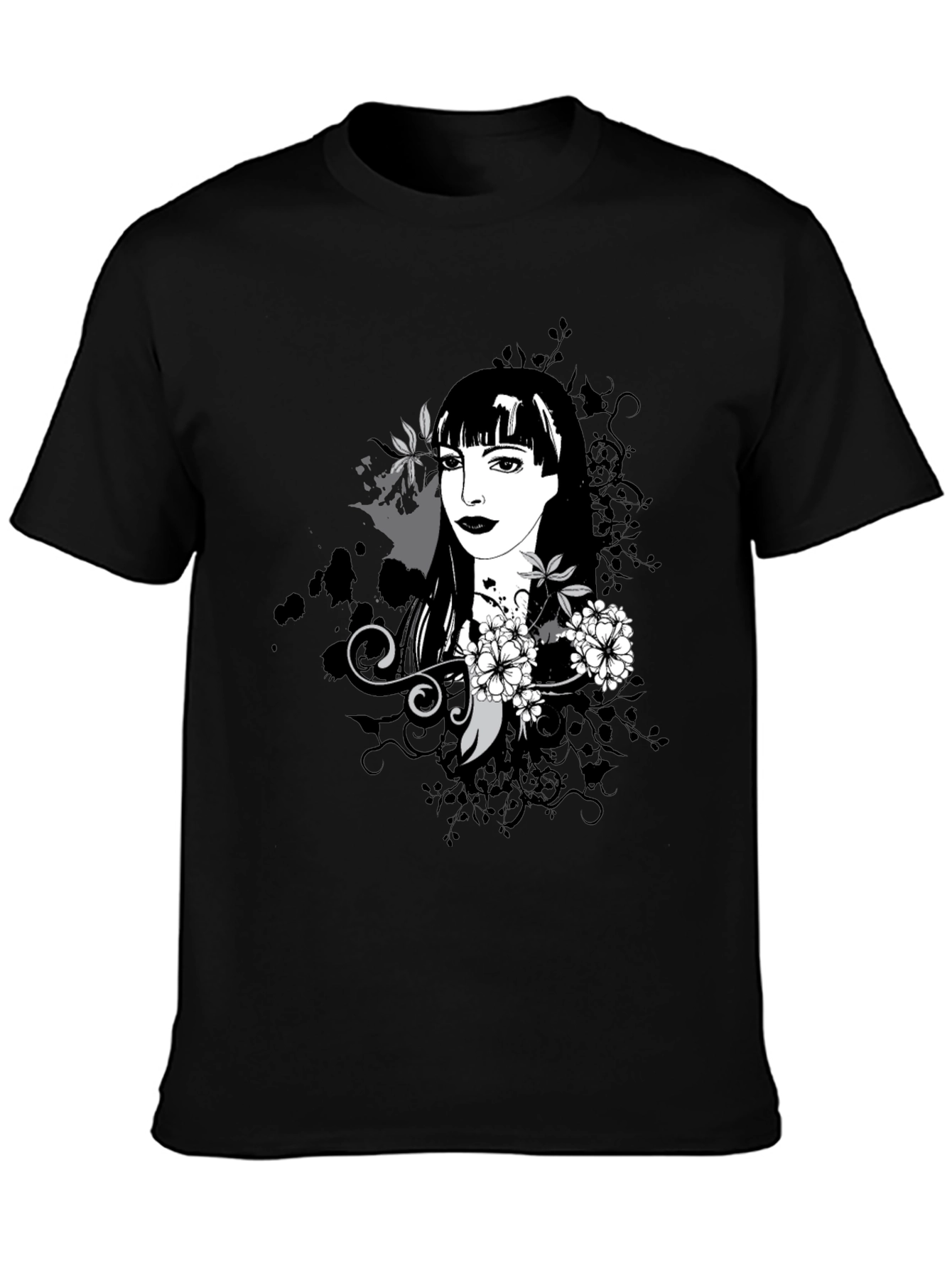 Stylish Black T-Shirt with Floral Portrait Design