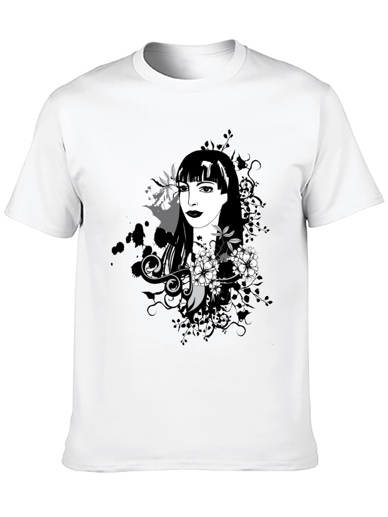 Stylish Black T-Shirt with Floral Portrait Design