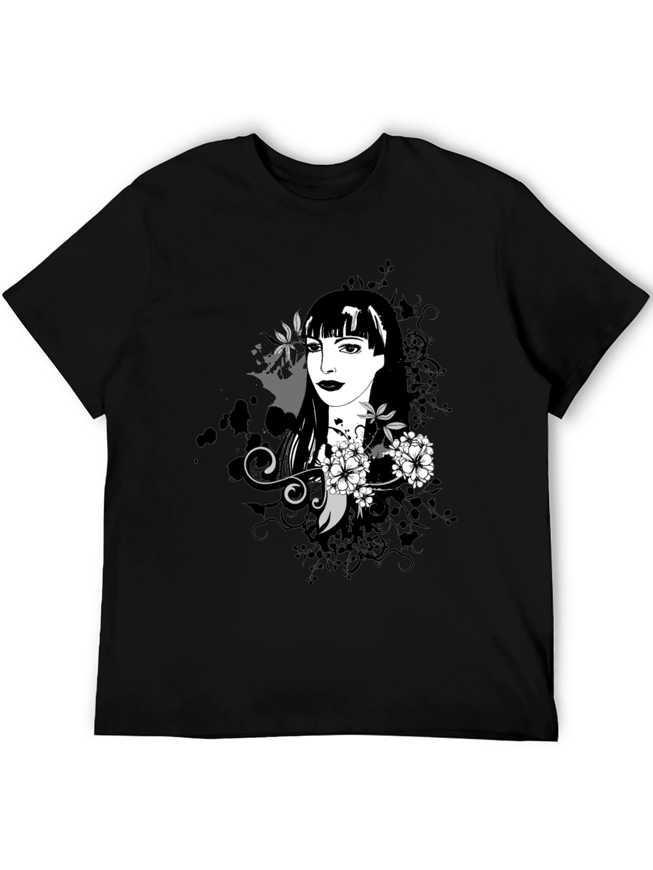 Stylish Black T-Shirt with Floral Portrait Design