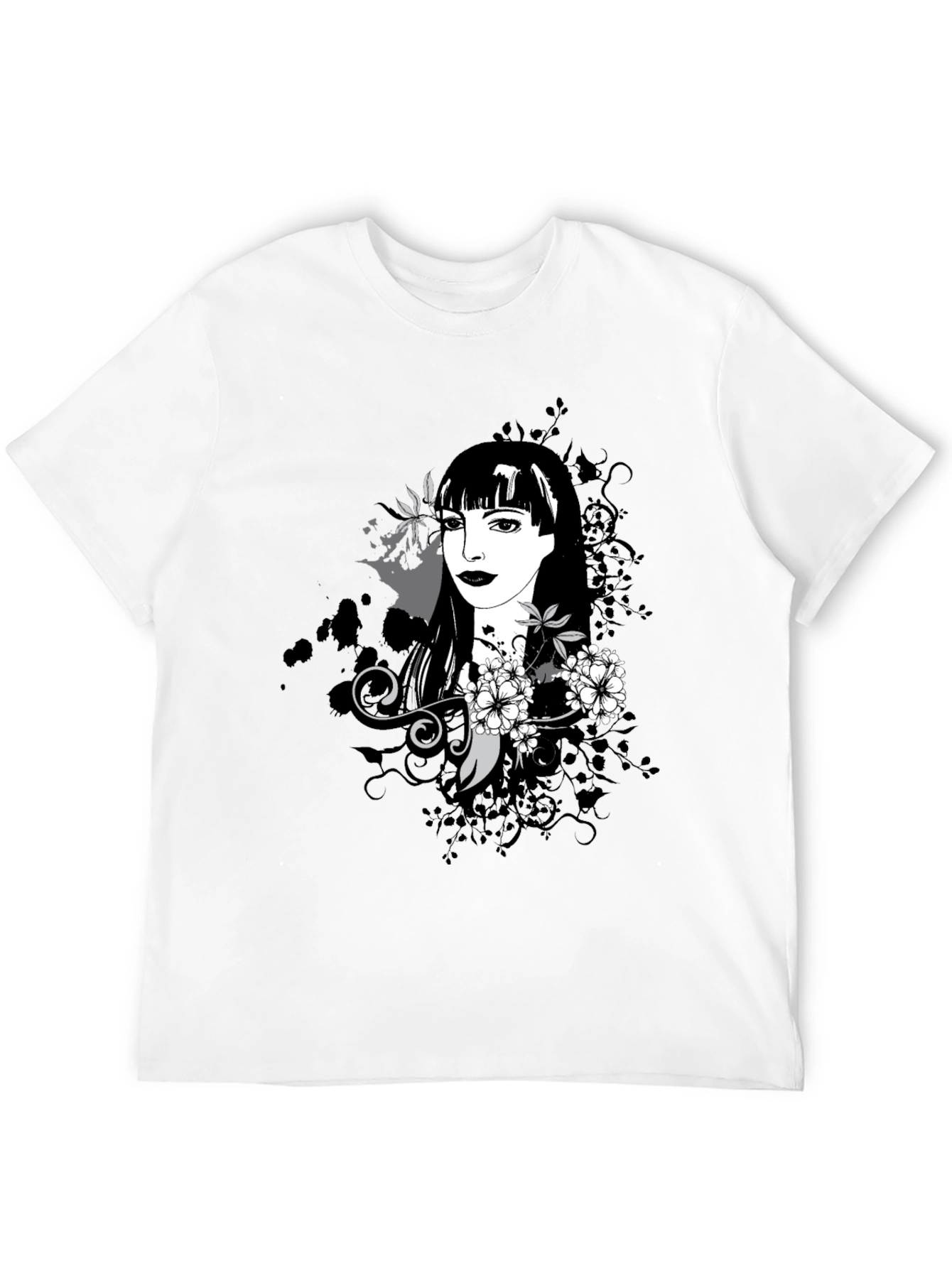 Stylish Black T-Shirt with Floral Portrait Design