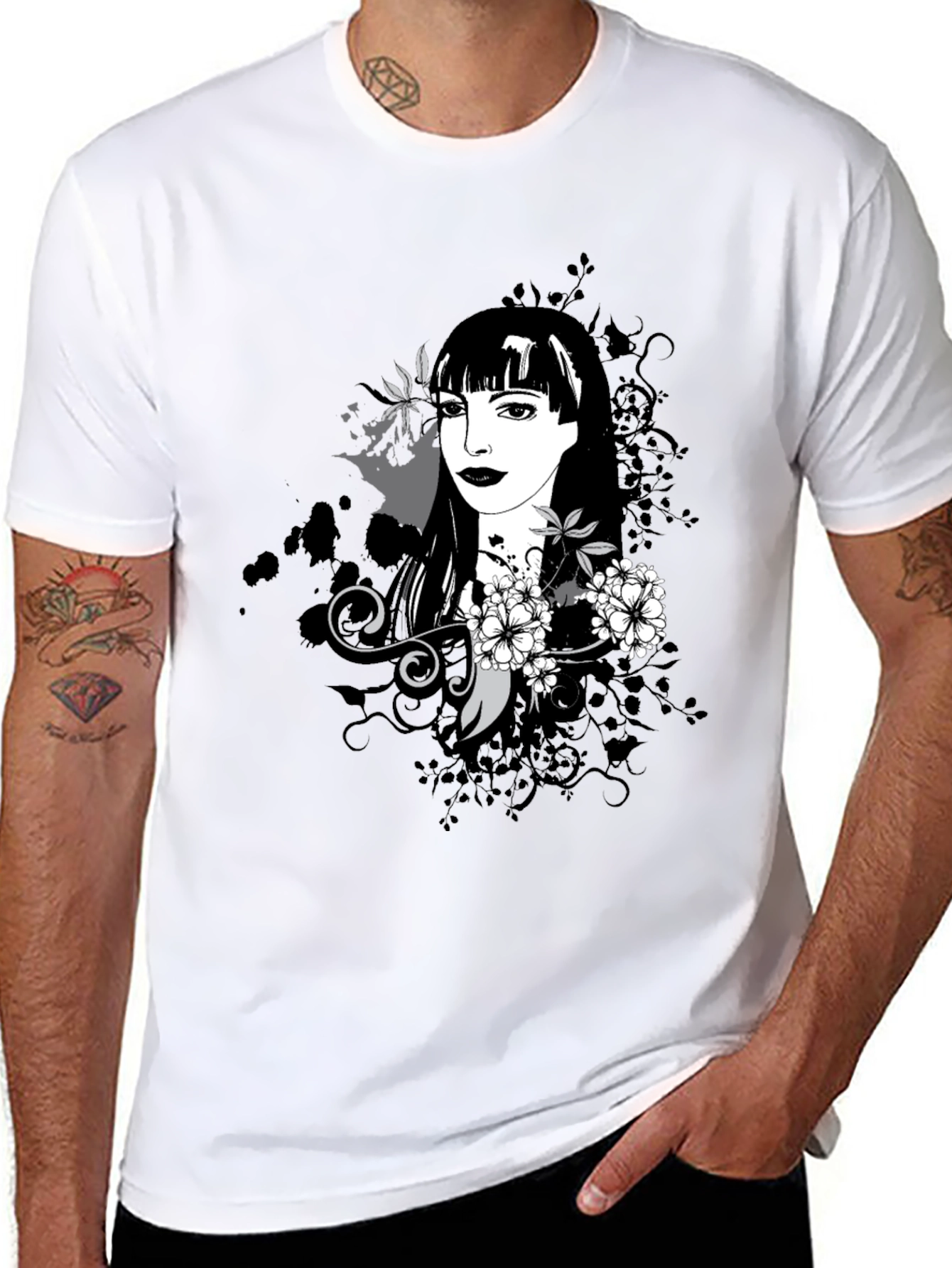 Stylish Black T-Shirt with Floral Portrait Design