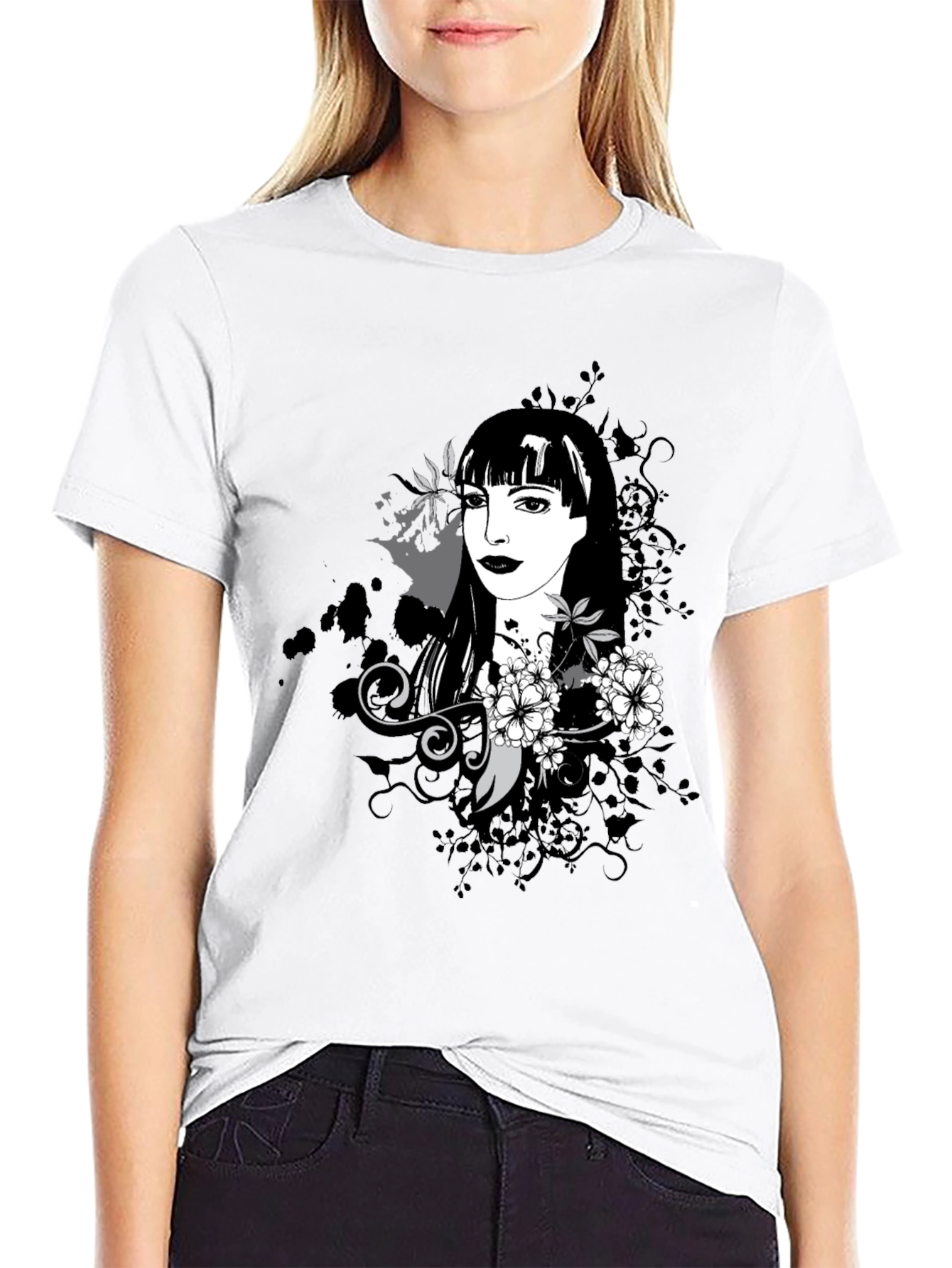 Stylish Black T-Shirt with Floral Portrait Design