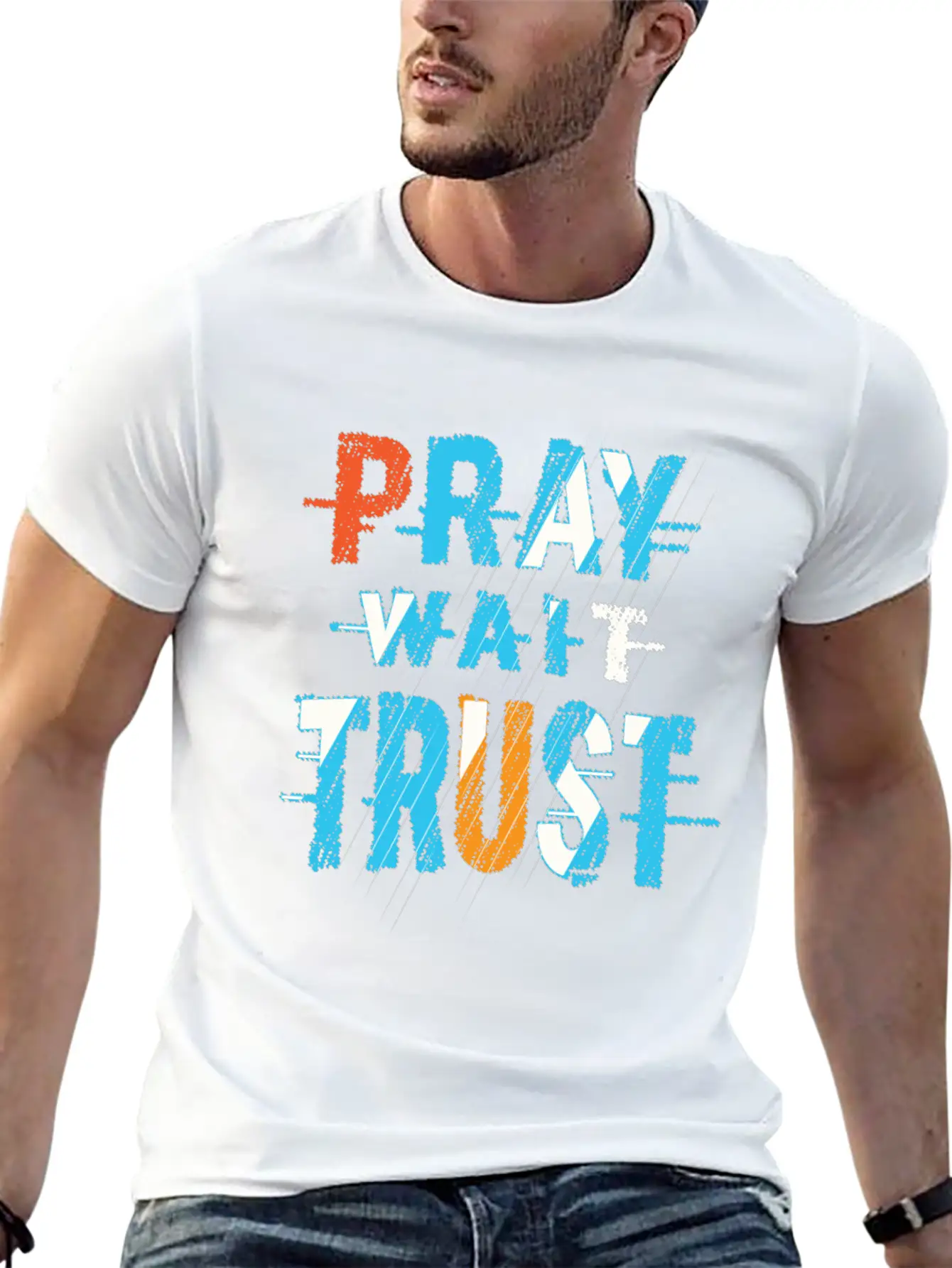 Pray Wait Trust Typography Stylish Everyday T-Shirt – Unisex Basic Cotton Tee