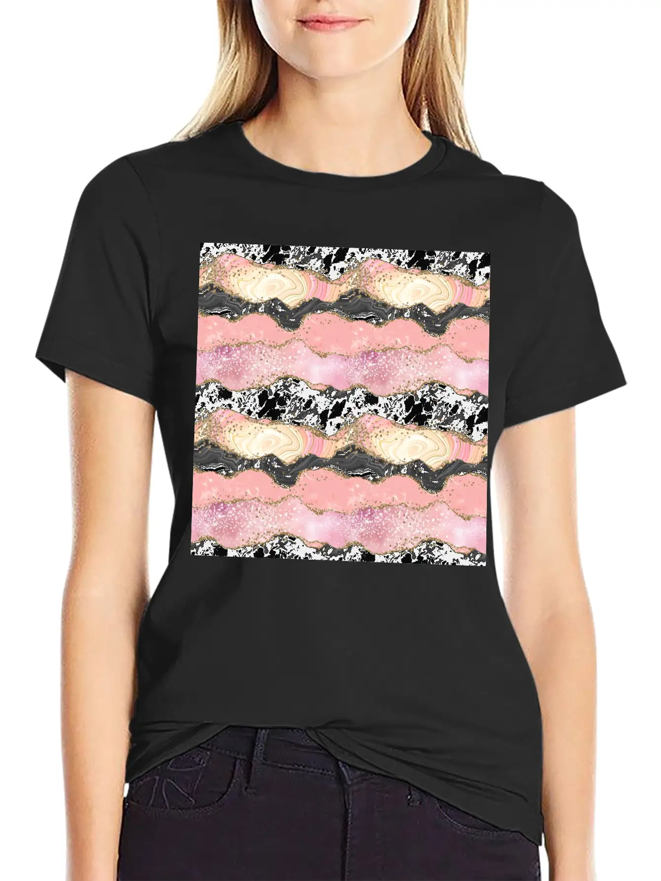 Pretty Pink Rose Gold Glitter Glam Agate Essential Unisex Summer Tee – Soft Cotton Casual Fit