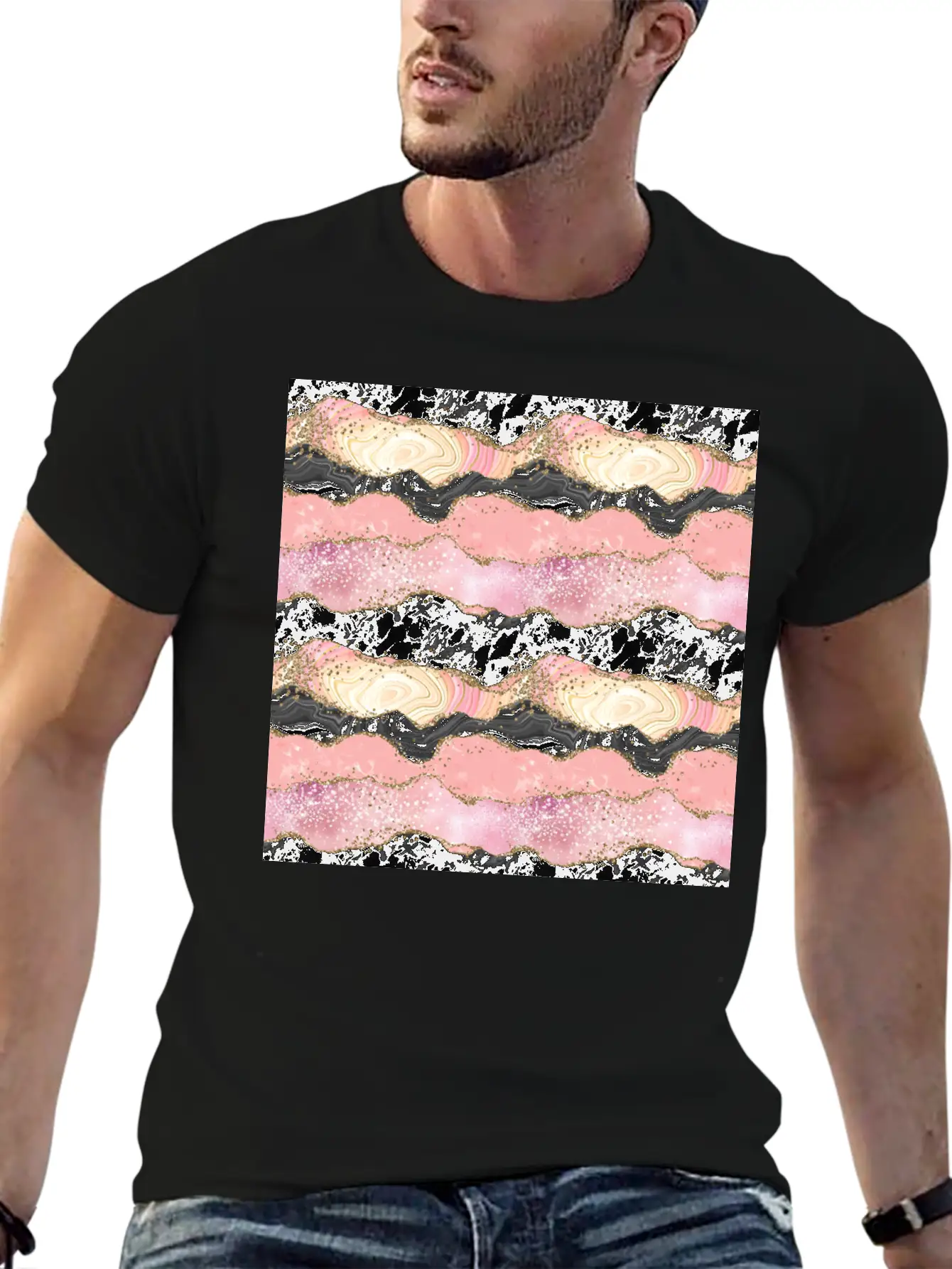 Pretty Pink Rose Gold Glitter Glam Agate Essential Unisex Summer Tee – Soft Cotton Casual Fit
