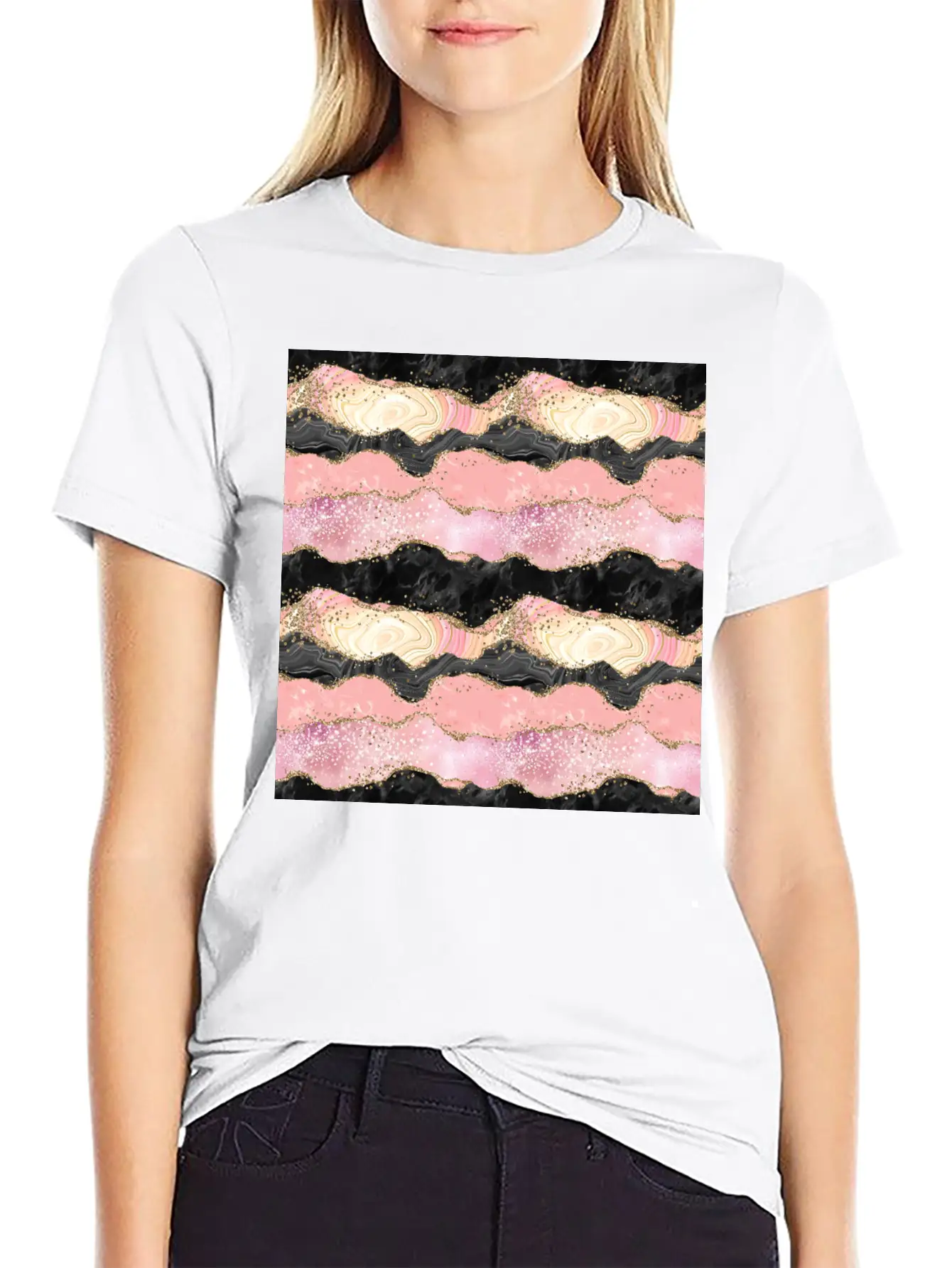 Pretty Pink Rose Gold Glitter Glam Agate Essential Unisex Summer Tee – Soft Cotton Casual Fit