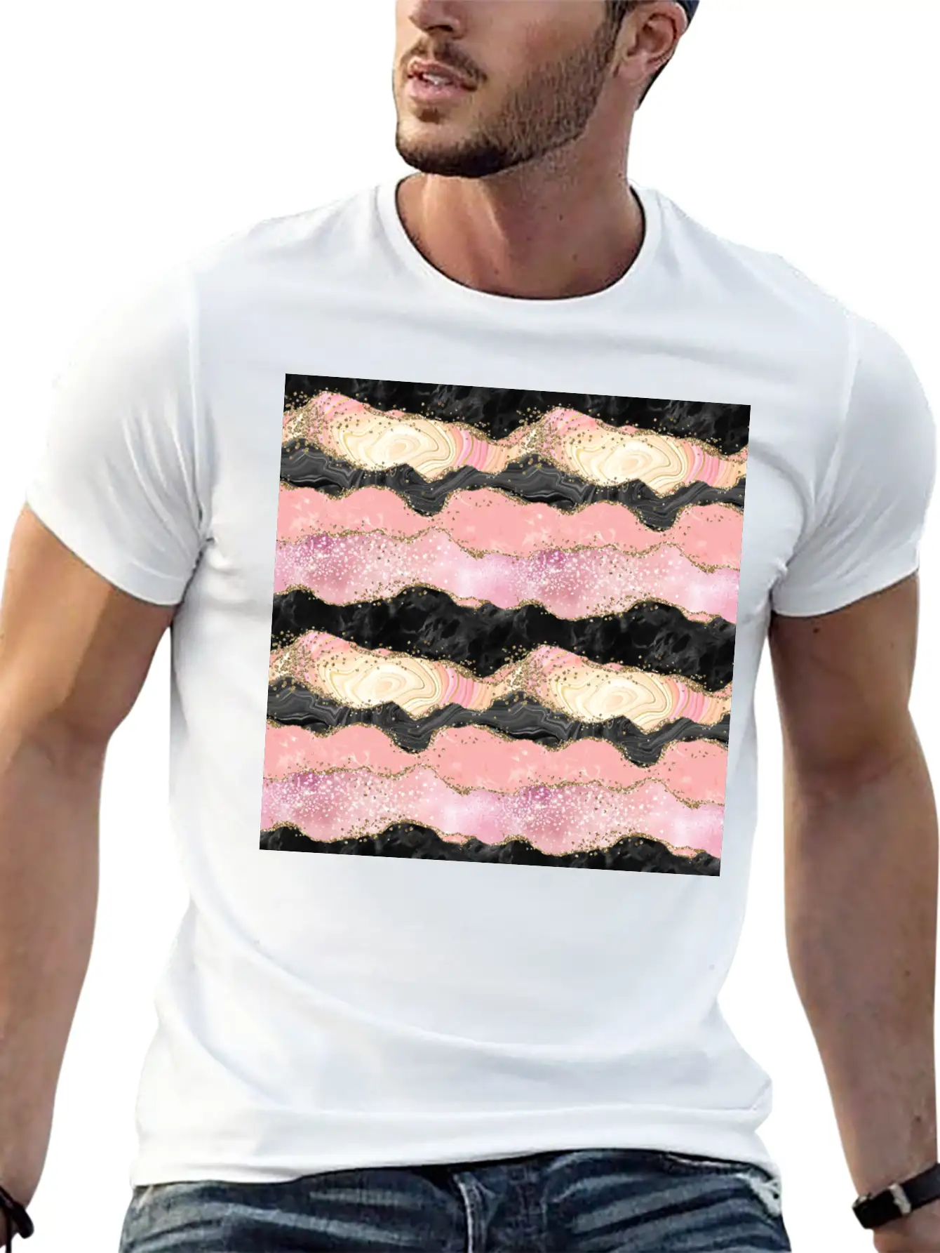 Pretty Pink Rose Gold Glitter Glam Agate Essential Unisex Summer Tee – Soft Cotton Casual Fit