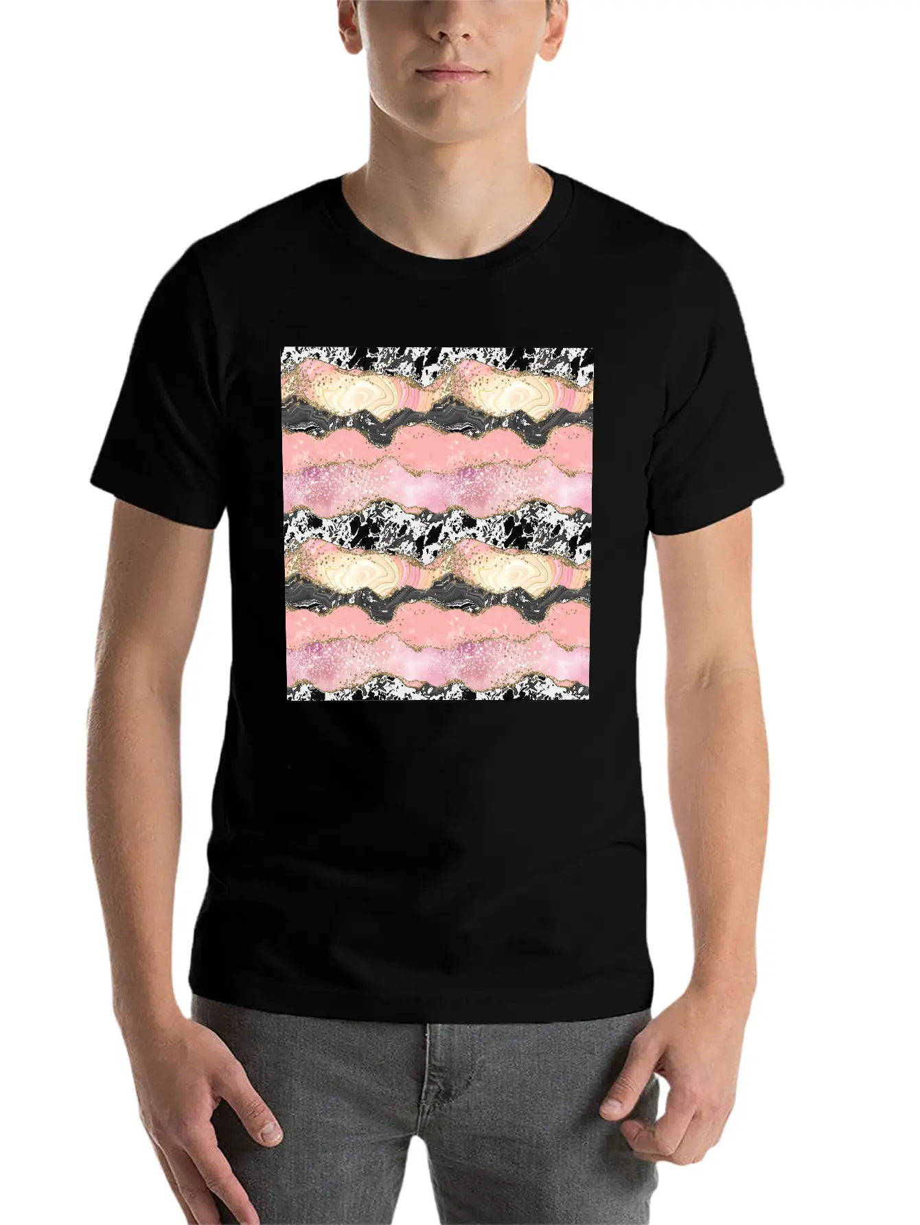 Pretty Pink Rose Gold Glitter Glam Agate Essential Unisex Summer Tee – Soft Cotton Casual Fit