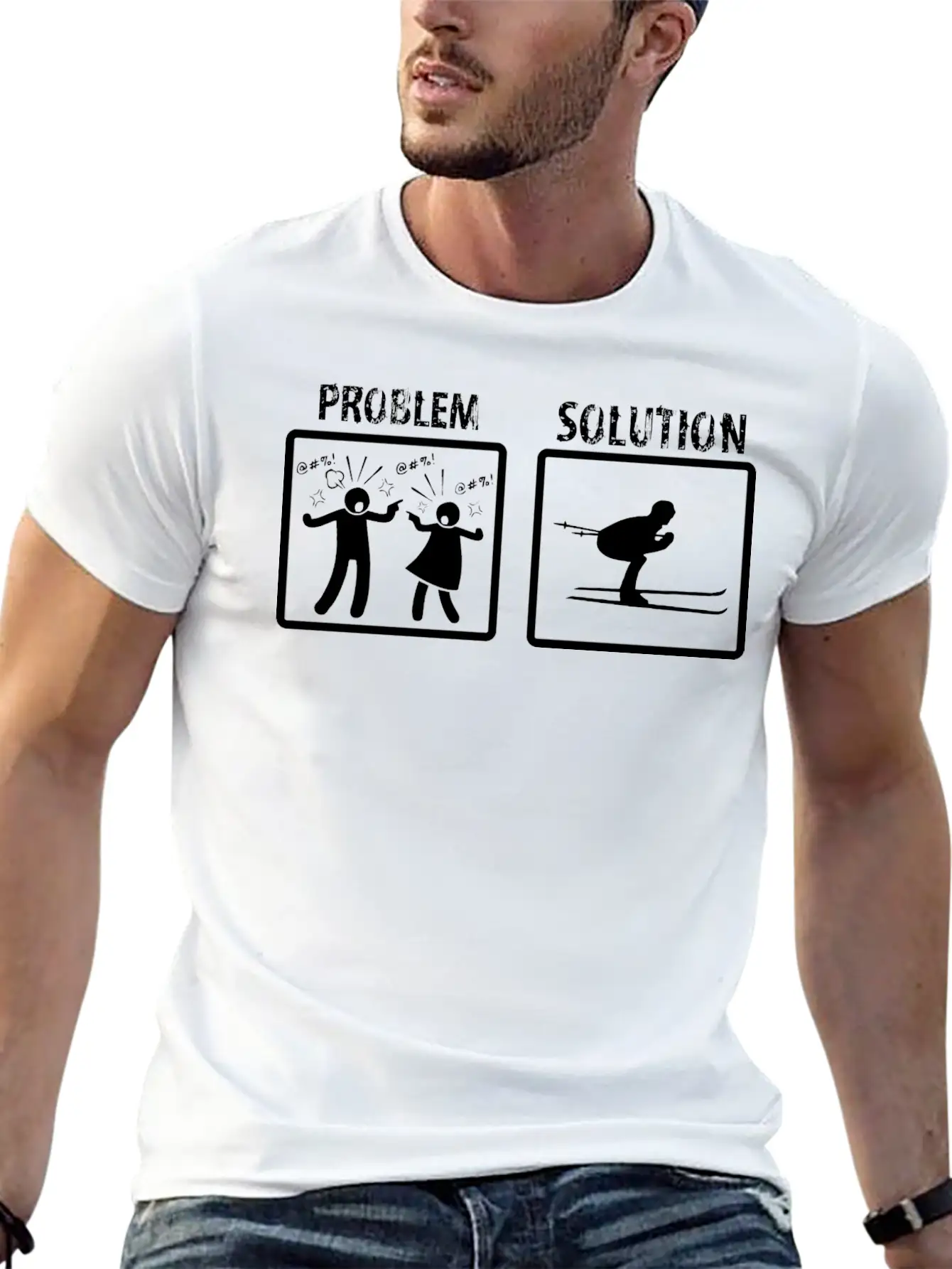 Problem Solution Snow Skiing Stylish Everyday T-Shirt – Unisex Basic Cotton Tee